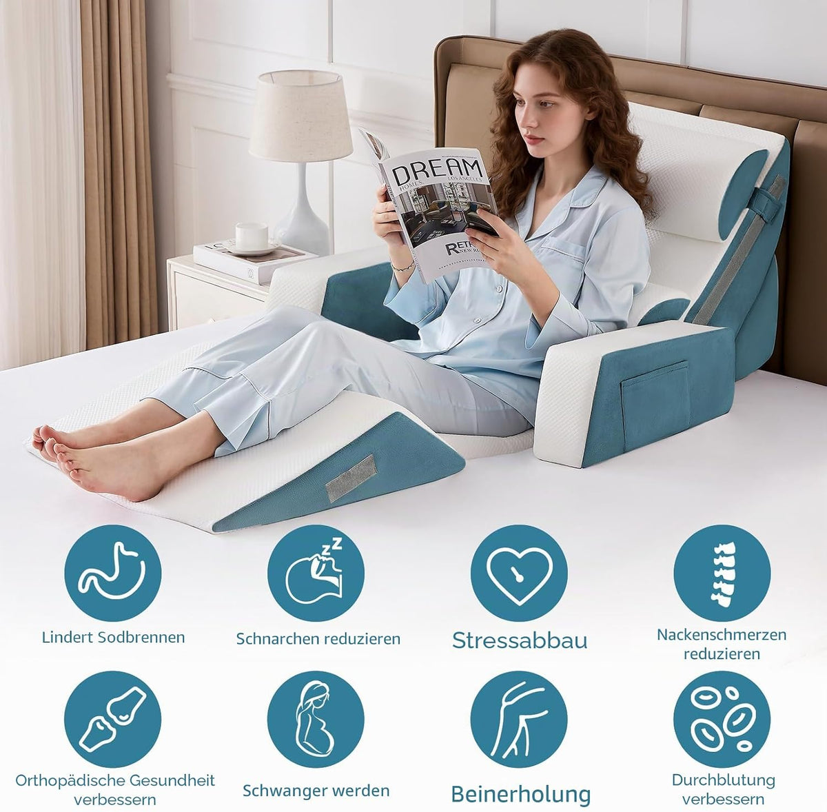 9PCS Orthopädische Bett Keil Kissen Set,Post Chirurgie Schaum Kissen für Körper,Rücken und Beine Schmerzlinderung,Justierbare Stützkissen mit Säure Reflux Bed Wedge Memory Foam Marineblau