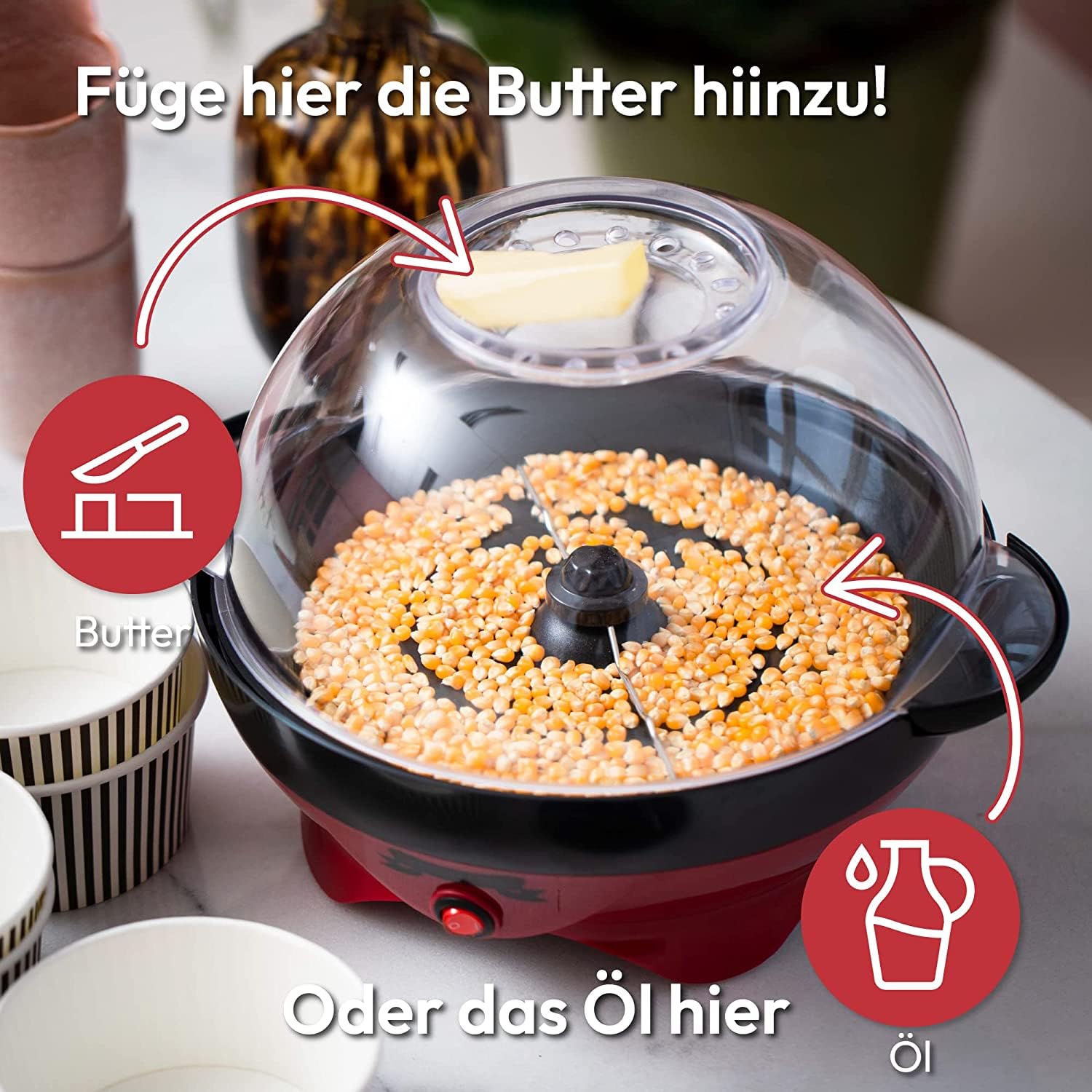 Popcorn Machine Large - Retro Popcorn Maker 5 L - Popcorn Maker with Non-Stick Coating and Removable Heating Surface - Popcorn Machine Red - Popcorn Machine 800 W - Popcorn Machine