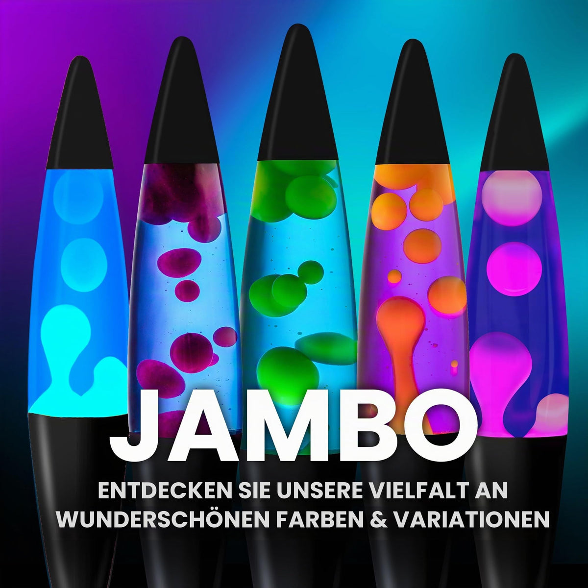 Jambo Liquid-Motion-Lampe mit schwarzem Sockel (Black Base, Purple Liquid, White Wax, 16")