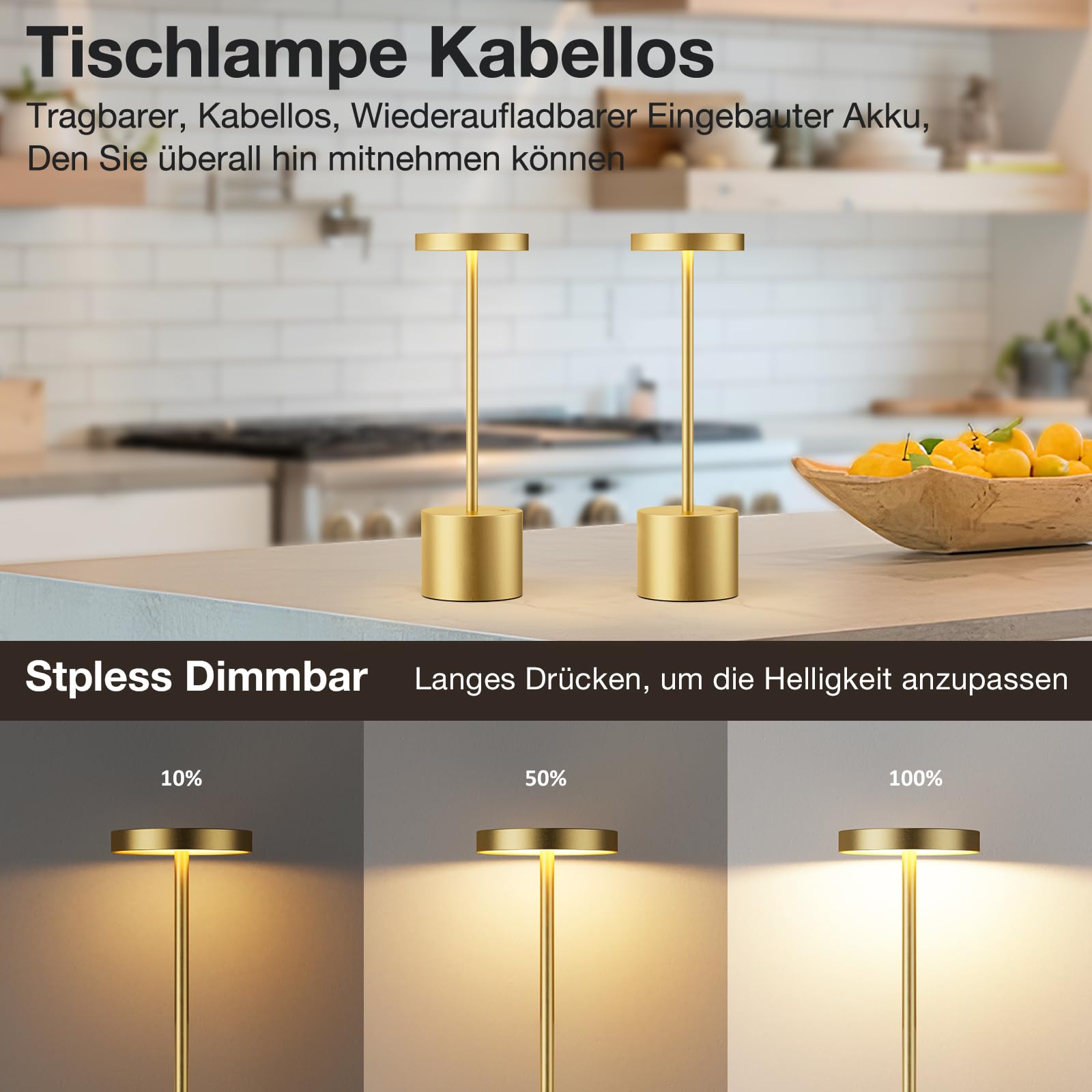 Tischlampe Batterie, LED Tischlampe Wireless, Tischlampe Wireless Batterie mit 3 Farbtemperaturen, Touch Nachttischlampe Dimmbar, kontinuierlich dimmbar für Schlafzimmer