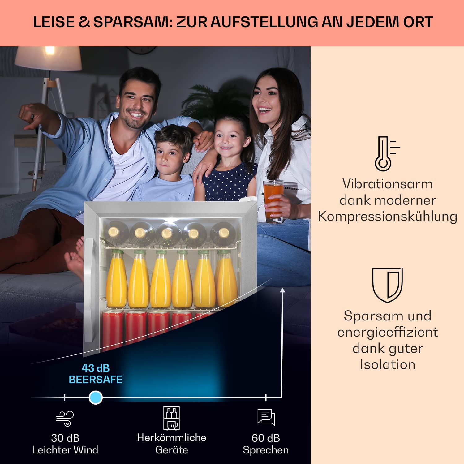 Getränkekühlschrank 33 L – Mini Kühlschrank mit Glastür, Silber-Schwarz | LED-Beleuchtung, herausnehmbare Metallablagen, leise, Flaschenkühlschrank für Getränke & Dosen