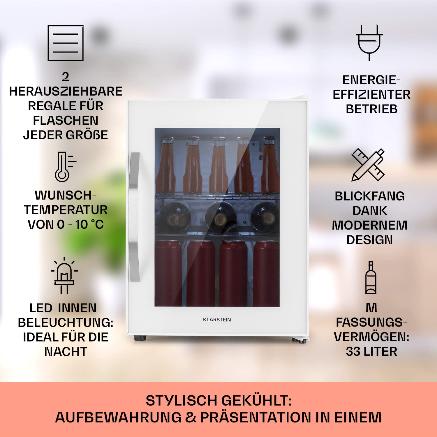 Getränkekühlschrank 33 L – Mini Kühlschrank mit Glastür, Silber-Schwarz | LED-Beleuchtung, herausnehmbare Metallablagen, leise, Flaschenkühlschrank für Getränke & Dosen