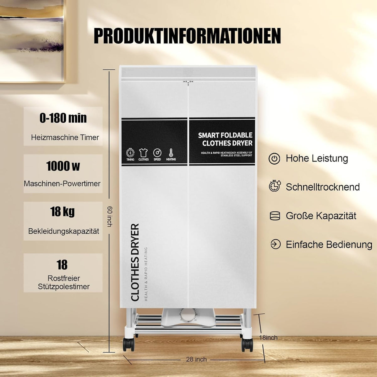 Wäschetrockner, Tragbare Trockenmaschine mit Timer, 60inch Wäschetrockner mit großer Kapazität, elektrischer Trockner/Rack für Zuhause
