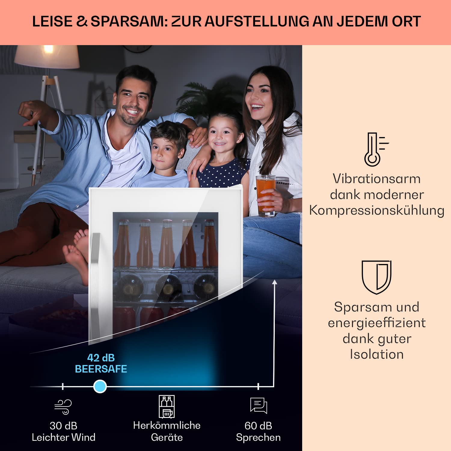 Getränkekühlschrank 33 L – Mini Kühlschrank mit Glastür, Silber-Schwarz | LED-Beleuchtung, herausnehmbare Metallablagen, leise, Flaschenkühlschrank für Getränke & Dosen