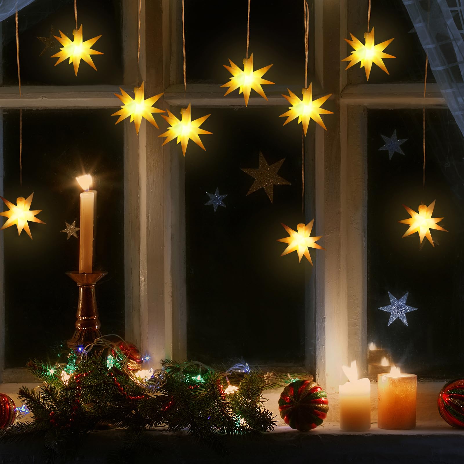 Set von 6 LED Weihnachtsstern beleuchtet Outdoor Indoor LED Star Batterie Weihnachtsdekoration 3D Leuchtender Stern Weihnachtsfenster Weiß