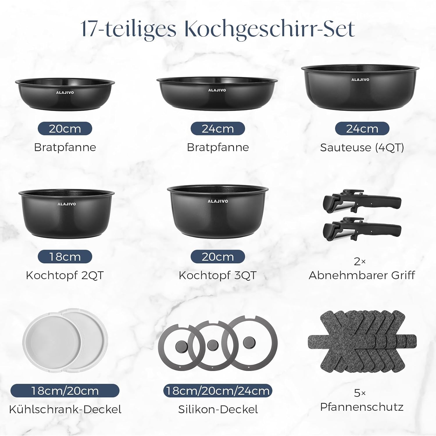 Topfset mit Abnehmbarer Griff, 17-Teilig Topfsets Pfannenset mit Antihaft Beschichtet, Topfset Induktion Kochtopf Set mit Deckel, für Alle Herdarten, Backofenfest, Ofenfest (grau)