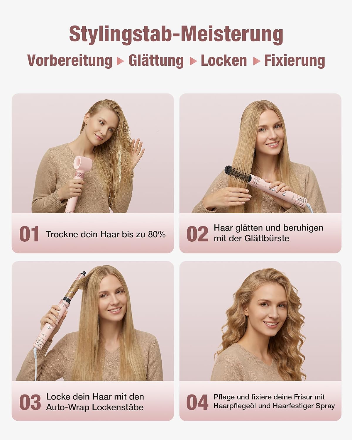 6-in-1 Hairstyler, Airstyler, Lockenstab, 110000 U/Min Hochgeschwindigkeit Lonen Föhn Locken oder Glätten, Föhnbürste Warmluftbürste Rundbürstenföhn Lockenföhn Haartrockner- Rosa