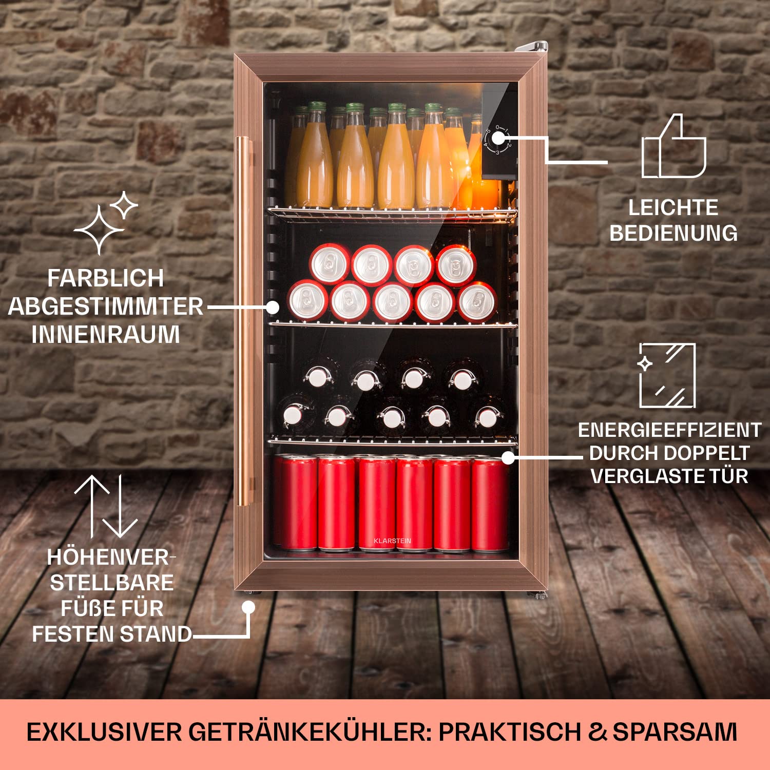Beersafe Getränkekühlschrank 60 L – Mini Kühlschrank mit Glastür, Kupfer | LED-Beleuchtung, herausnehmbare Metallablagen, leise, Flaschenkühlschrank für Getränke & Dosen