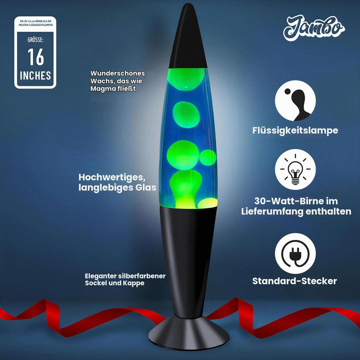 Jambo Liquid-Motion-Lampe mit schwarzem Sockel (Black Base, Purple Liquid, White Wax, 16")