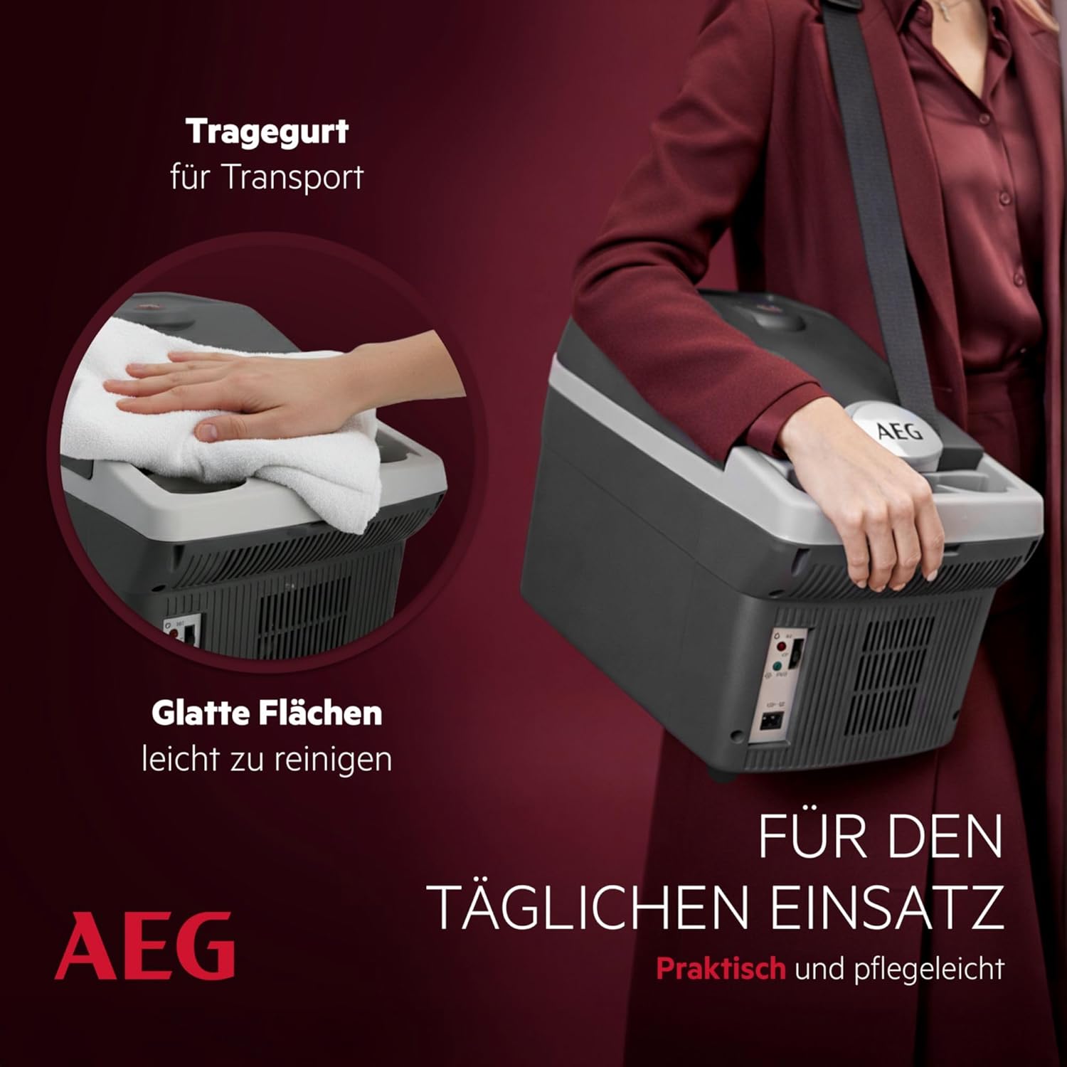 AEG Automotive Board-Bar BK 16 Thermoelektrische Kühl- und Warmhaltebox 16 Liter, 12 Volt für Auto und Steckdose, anschnallbar im PKW, Schwarz,hellgrau