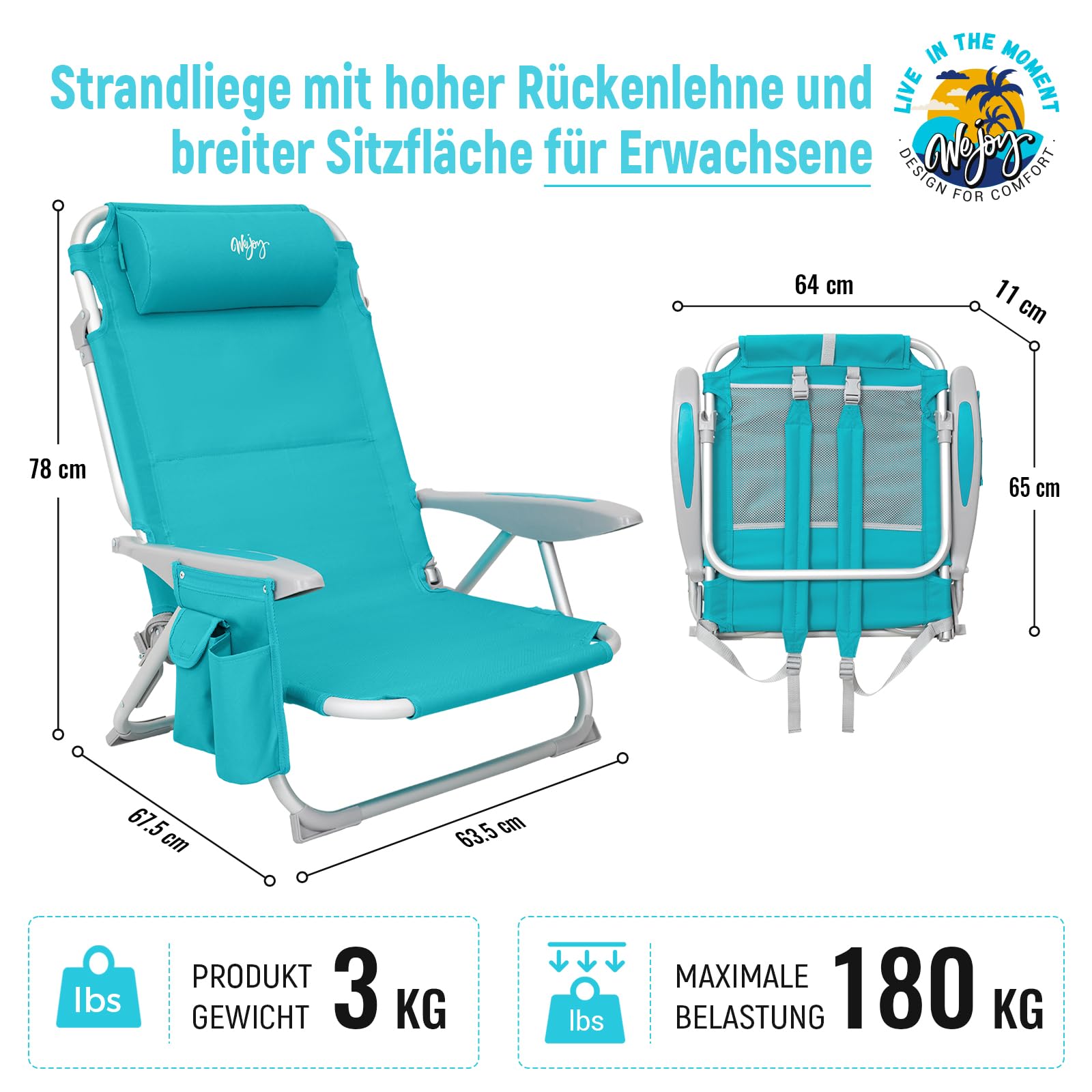 Strandstuhl klappbar Alu Hochlehner Klappstuhl 4 Position Leicht tragbar stabiler Campingstuhl