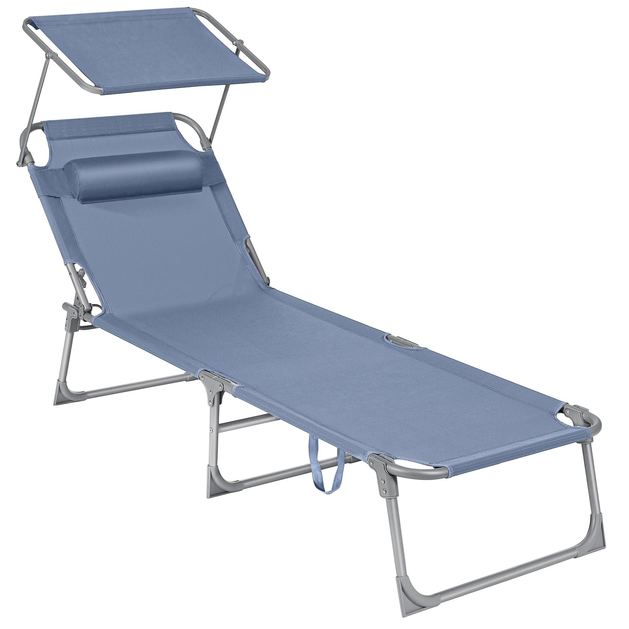 Sonnenliege, klappbarer Liegestuhl, 193 x 53 x 29 cm, trägt bis zu 150 kg, Sonnenschutz, Kopfkissen, verstellbare Rückenlehne, für Garten, Pool, Terrasse