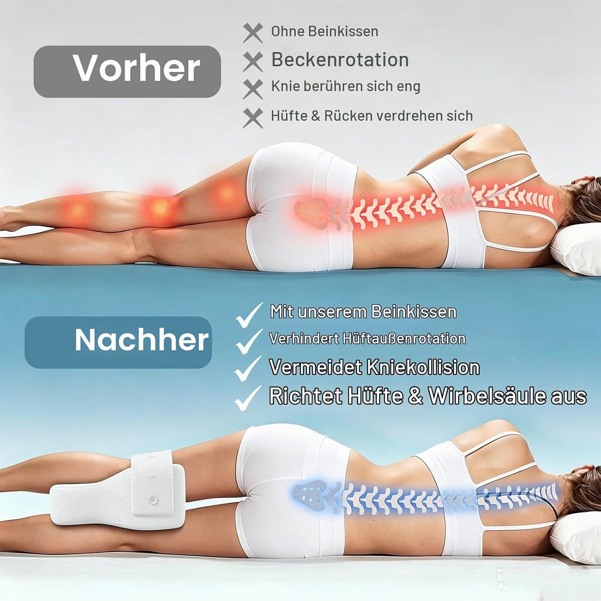 Kniekissen Seitenschläfer, Memory Foam Beinkissen m. Riemen, Ergonomisch