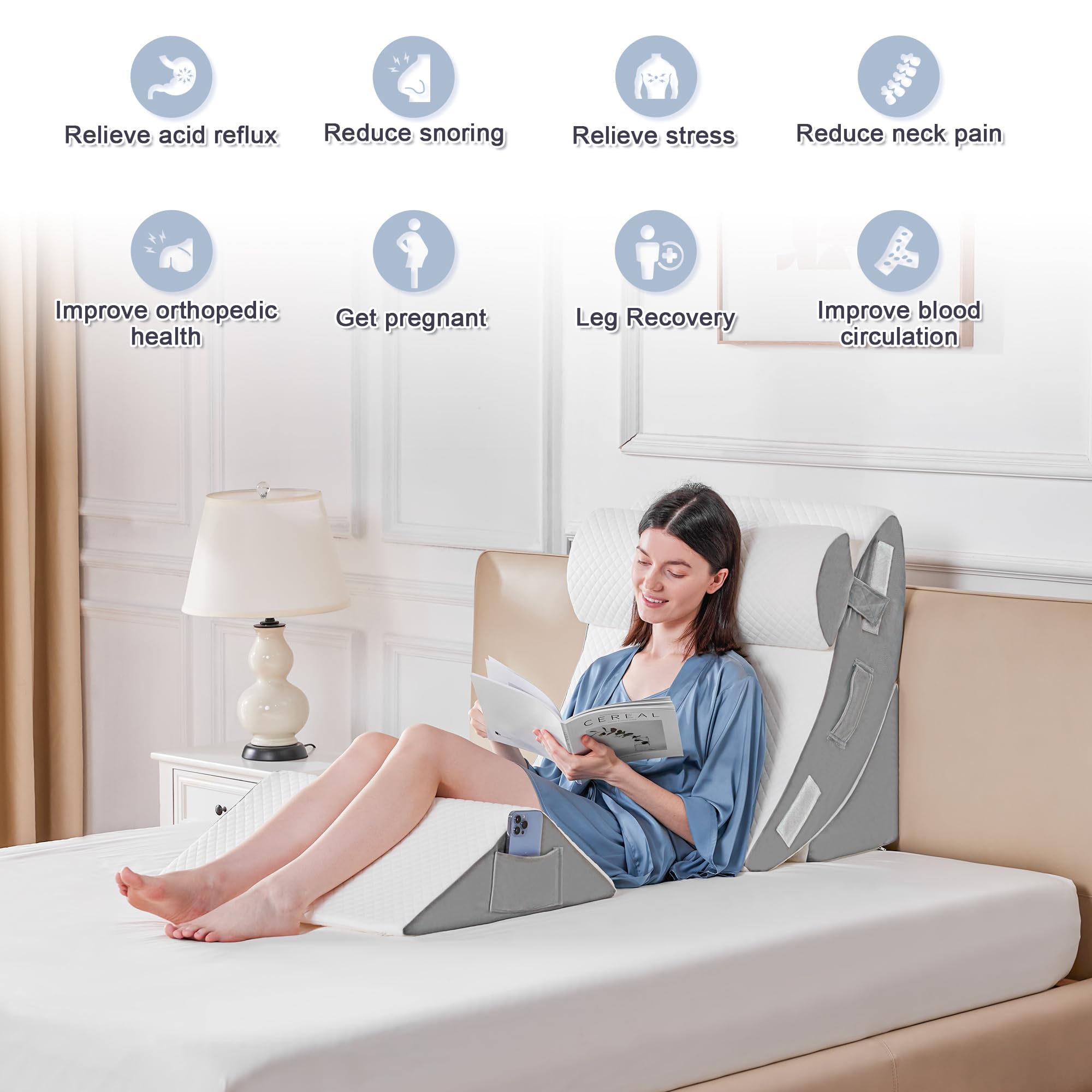 Orthopädische Bett Keil Kissen Set für das Schlafen, Post Chirurgie Schaum Kissen für Körper, Rücken und Beine Schmerzlinderung, Dreieck justierbare Stützkissen mit Säure Reflux Schlafkissen Weiß