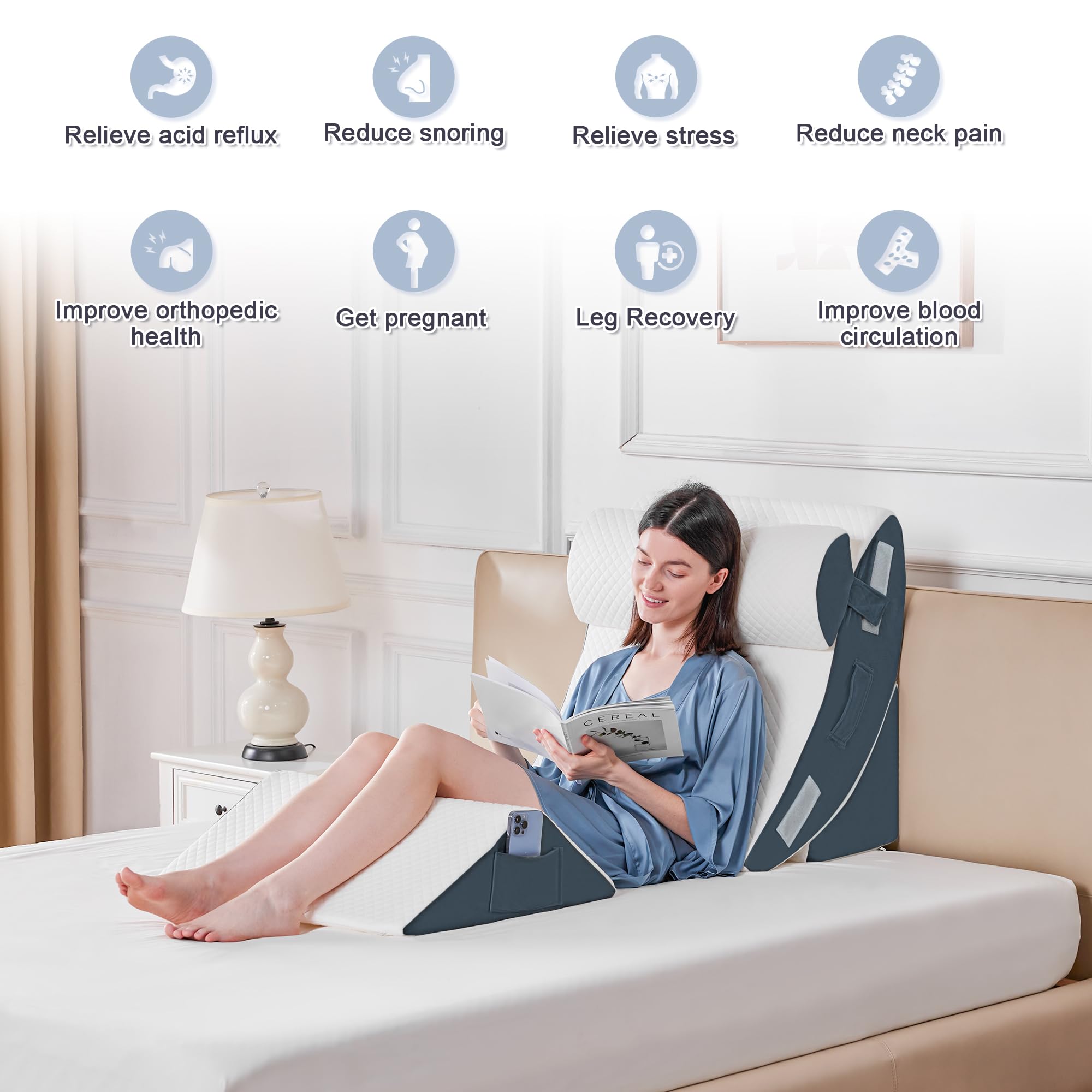Orthopädische Bett Keil Kissen Set für das Schlafen, Post Chirurgie Schaum Kissen für Körper, Rücken und Beine Schmerzlinderung, Dreieck justierbare Stützkissen mit Säure Reflux Schlafkissen Weiß