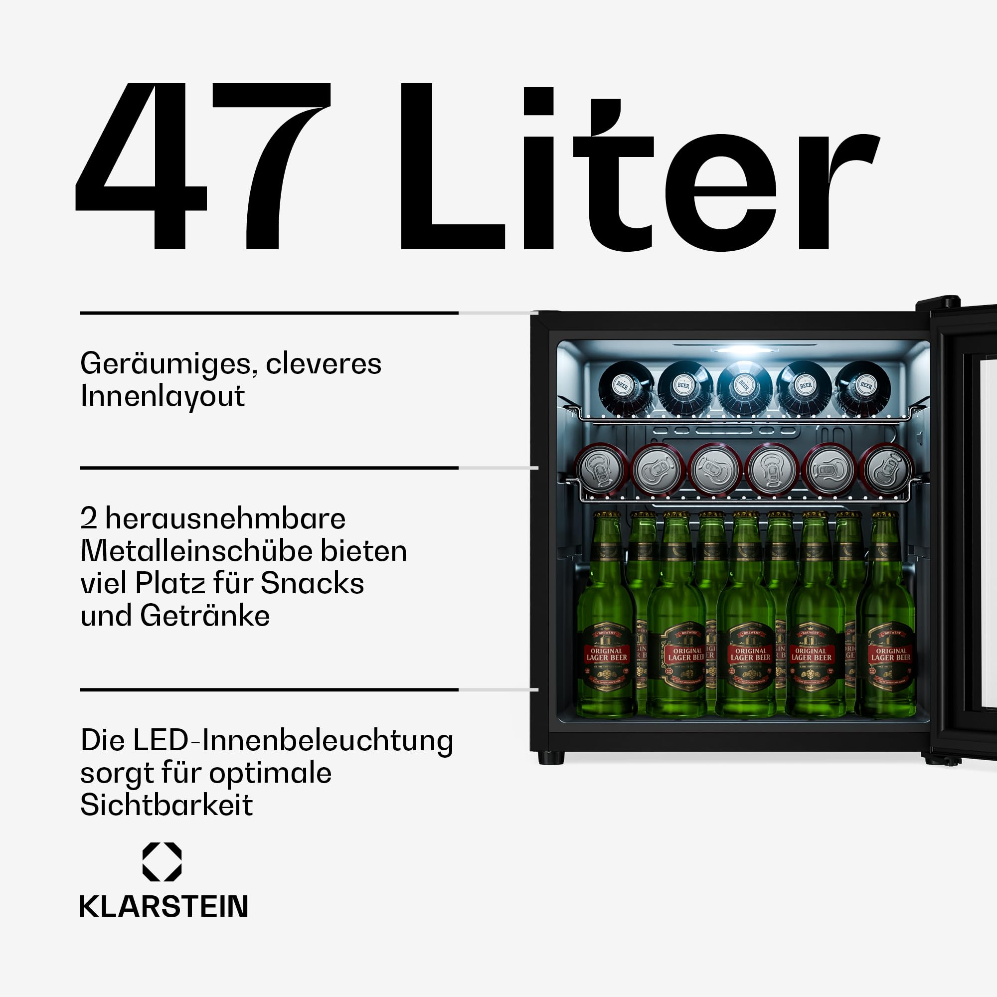 Getränkekühlschrank 33 L – Mini Kühlschrank mit Glastür, Silber-Schwarz | LED-Beleuchtung, herausnehmbare Metallablagen, leise, Flaschenkühlschrank für Getränke & Dosen