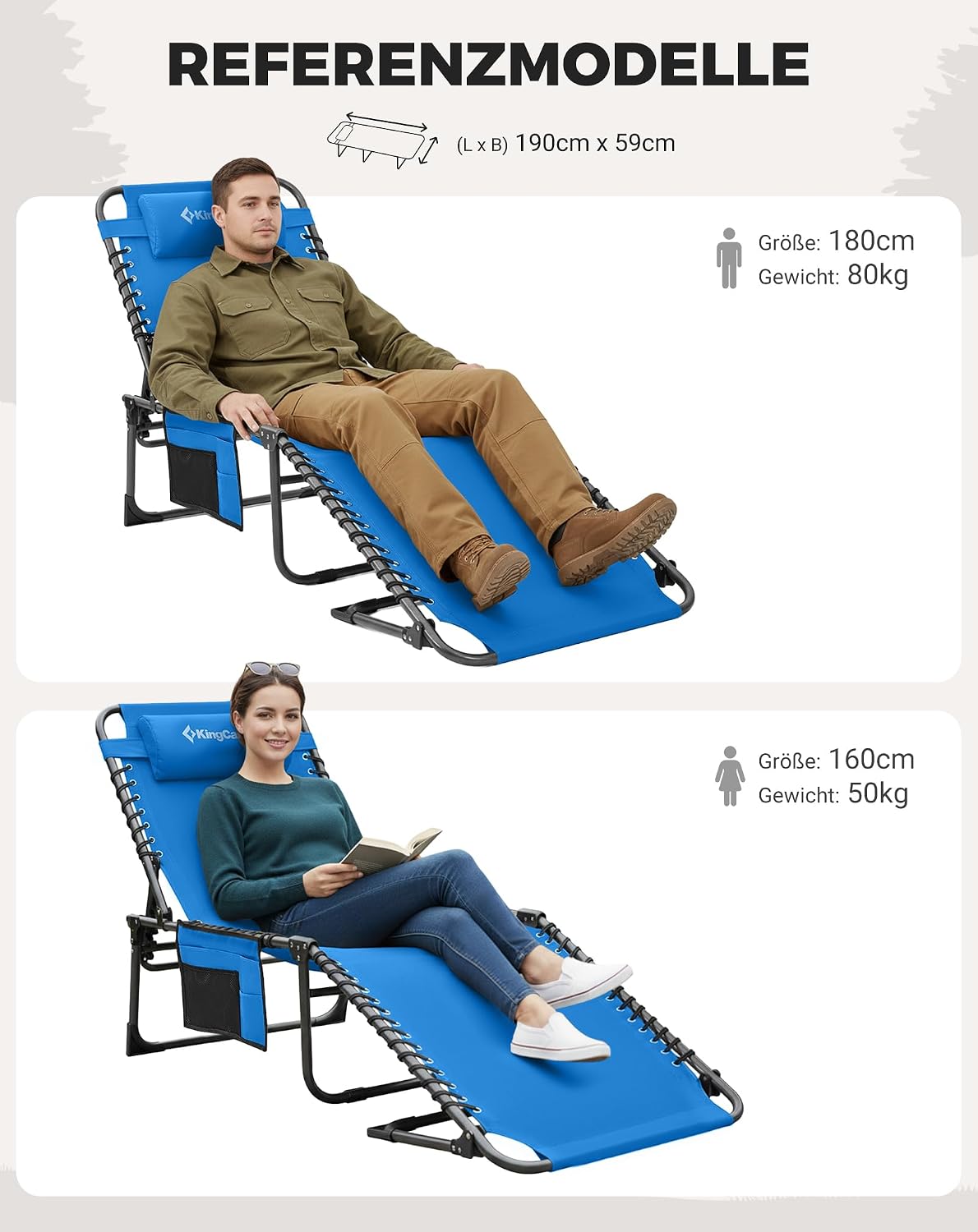 Sonnenliege Klappbar 5-Verstellbare, bis 180 kg, 2er Set, Blau | Gartenliege Klappbar, mit Kopfstütze & Seitentasche, Sonnenliege Wetterfest, Strandliege für Garten Terrasse Pool Camping