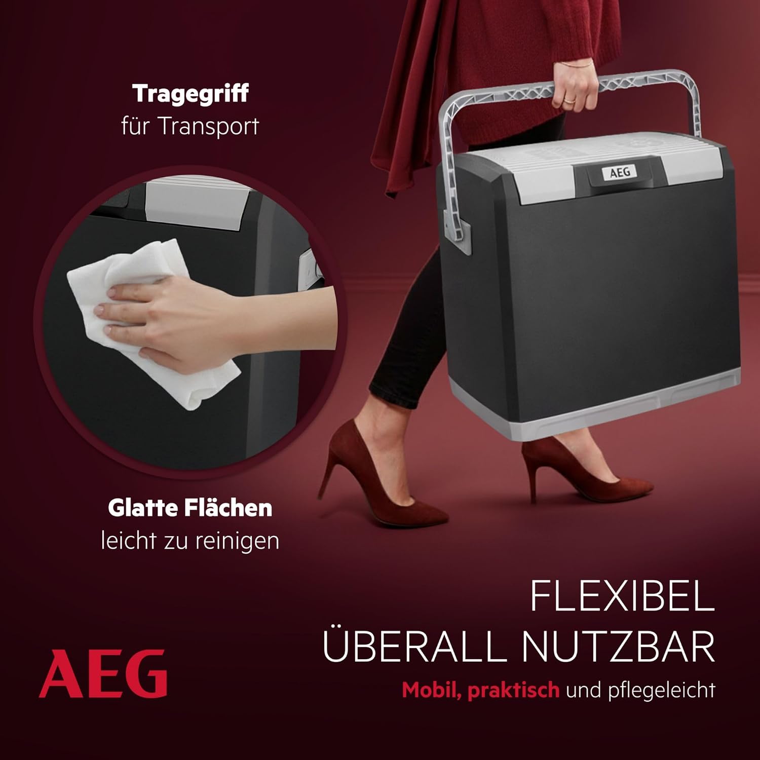 AEG Thermoelektrische Kühlbox KK 28, kühlt bis 20 °C unter Umgebungstemparatur, 28 Liter Fassungsvermögen, 12V/230V, Tragegriff & Kabelfach, leicht zu reinigen, für Auto, Reisen & Camping