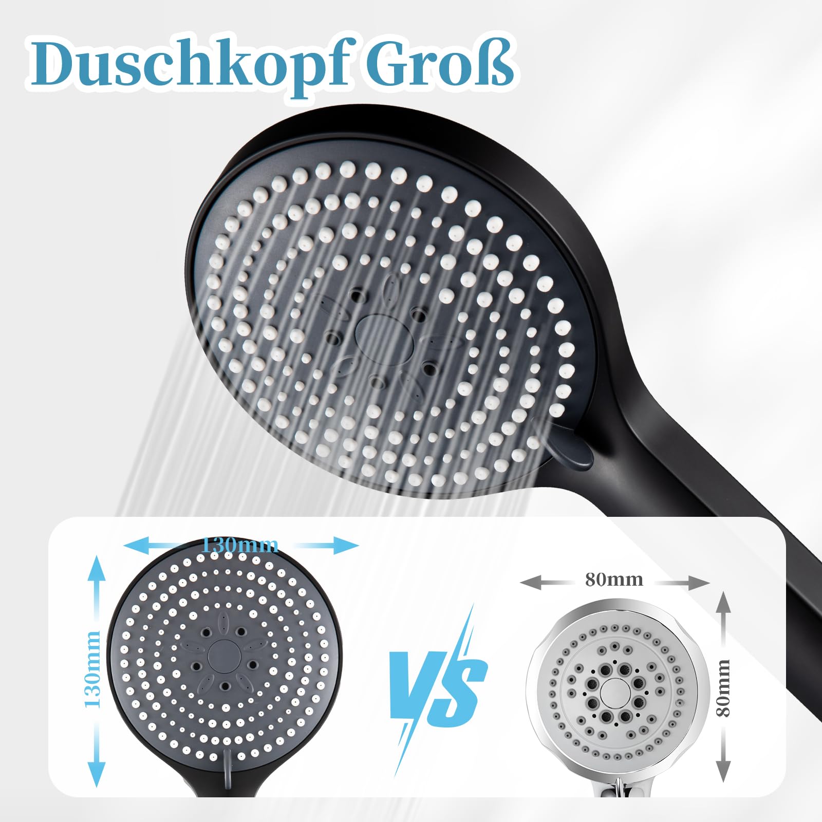 Duschkopf Groß xxl mit 6 Strahlarten, Duschbrause für Duschkopf Wassersparend, Chrom