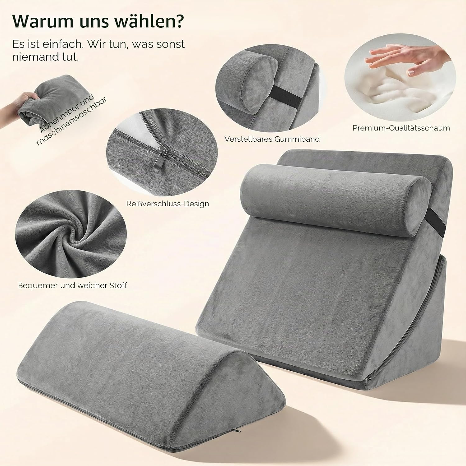 4-teiliges Keilkissen-Set aus Memory-Schaumstoff, Höhenverstellbare Schlaf- und Lesekissen für Sofa und Bett, Waschbare Bezüge in Grau