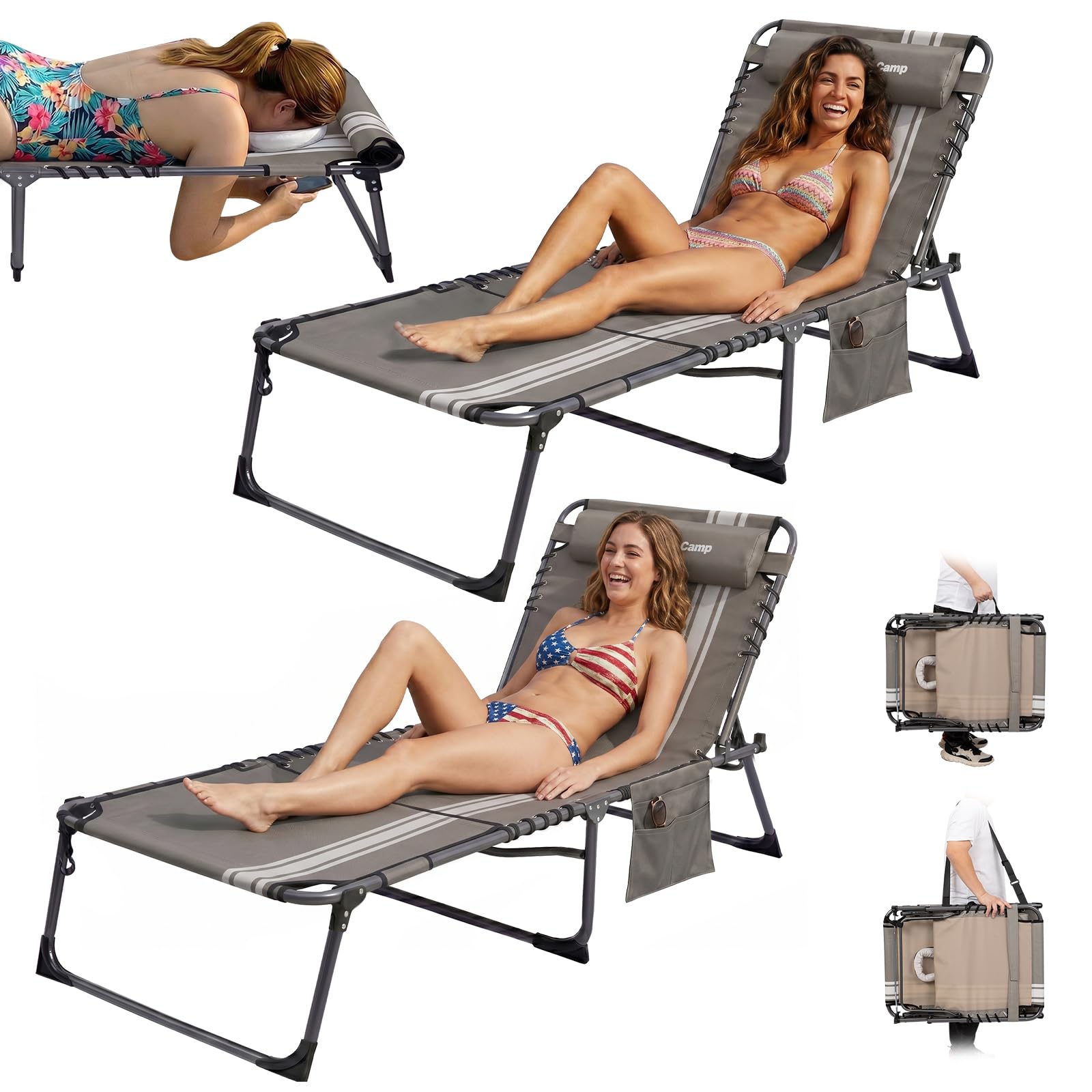 Sonnenliege Klappbar 5-Verstellbare, bis 180 kg, 2er Set, Blau | Gartenliege Klappbar, mit Kopfstütze & Seitentasche, Sonnenliege Wetterfest, Strandliege für Garten Terrasse Pool Camping