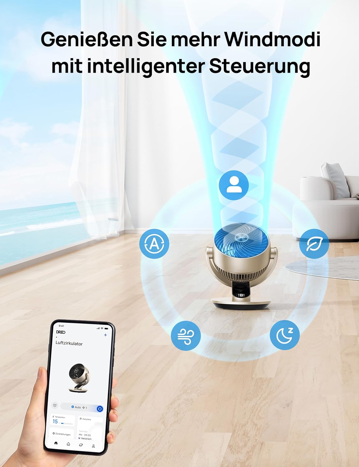 28dB Leiser Smart Tischventilator für Schlafzimmer Büro, Ventilator mit Fernbedienung Kühlung 21M Windentfernung 4-Geschwindigstufe 5 Modi 12H Timer 90° Auto 120° Manuell oszillierend, Lynx S
