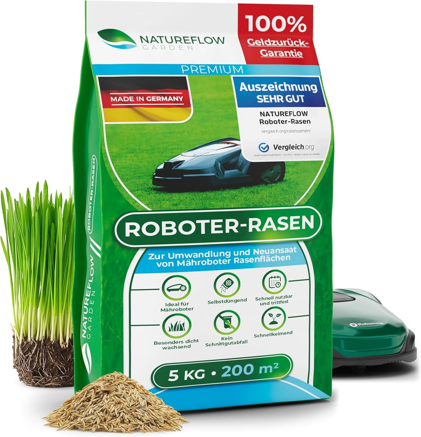 Roboter Rasensamen Unkraut-frei / Schnellkeimend 1kg Sommer – TEST SEHR GUT - Selbstdüngend Roboter Rasensaat für ALLE Mähroboter - 100% Keimgarantie - Nachsaat Grassamen von NATUREFLOW Made in Germany