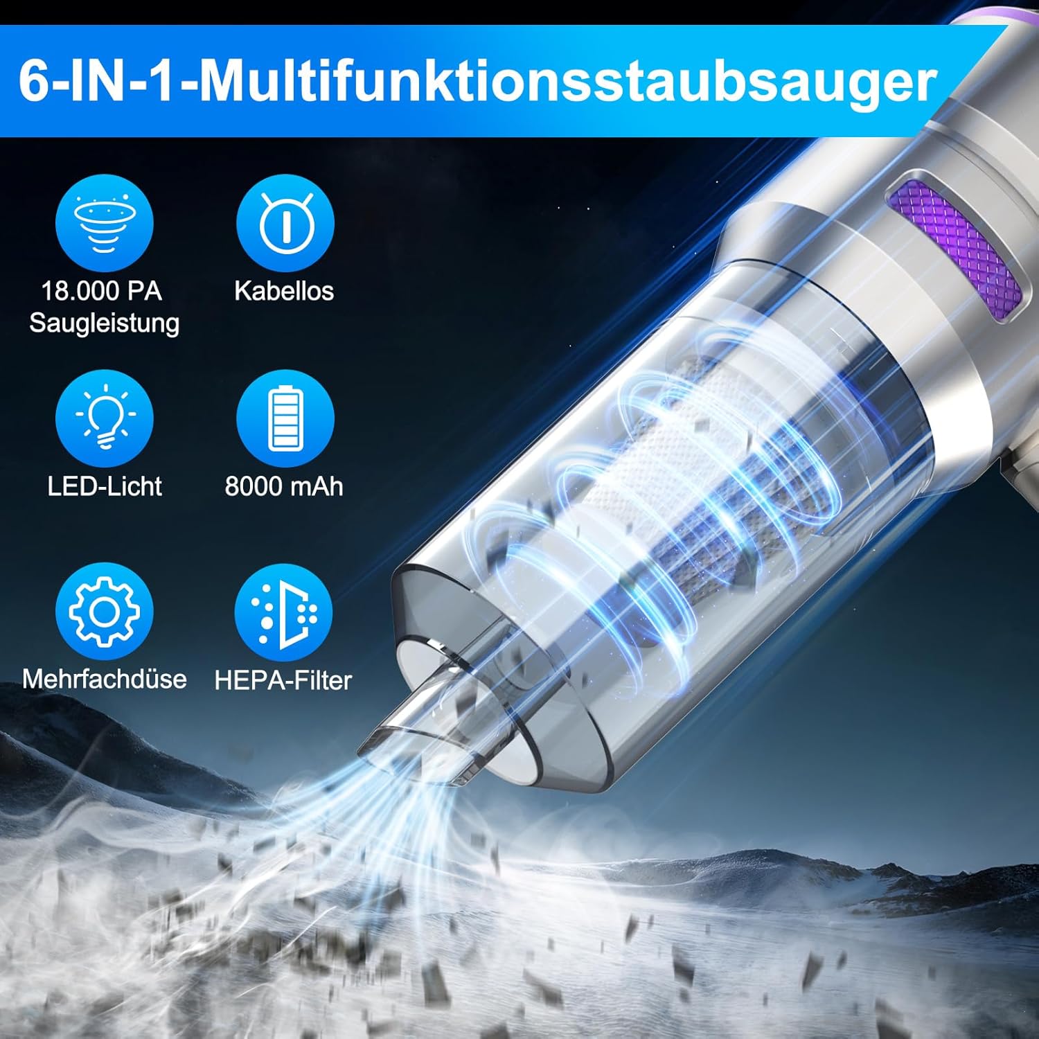 Handstaubsauger, 4-in-1 Handstaubsauger Akku kabellos, 18000Pa Autostaubsauger stark mit bürstenlosem Motor, 3-Gang Mini Staubsauger für Büro, Zuhause, Küche, Haustierhaar