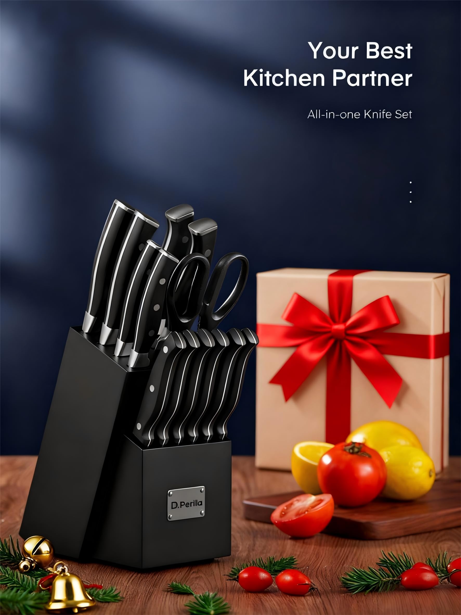 Messerblock Set, 14-teiliger selbstschärfender Messerblock mit Messer, scharfer Edelstahlmessersatz mit Kunststoffgriff und Holzblock, professionelles Küchenmesserset