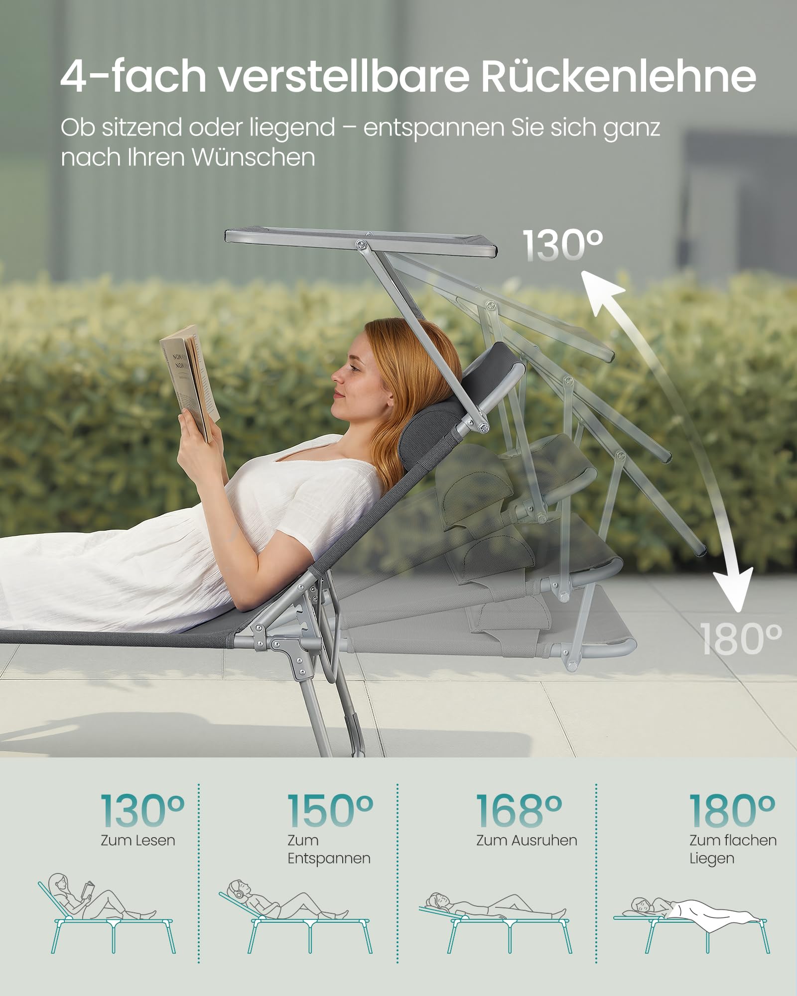 Sonnenliege, klappbarer Liegestuhl, 193 x 53 x 29 cm, trägt bis zu 150 kg, Sonnenschutz, Kopfkissen, verstellbare Rückenlehne, für Garten, Pool, Terrasse