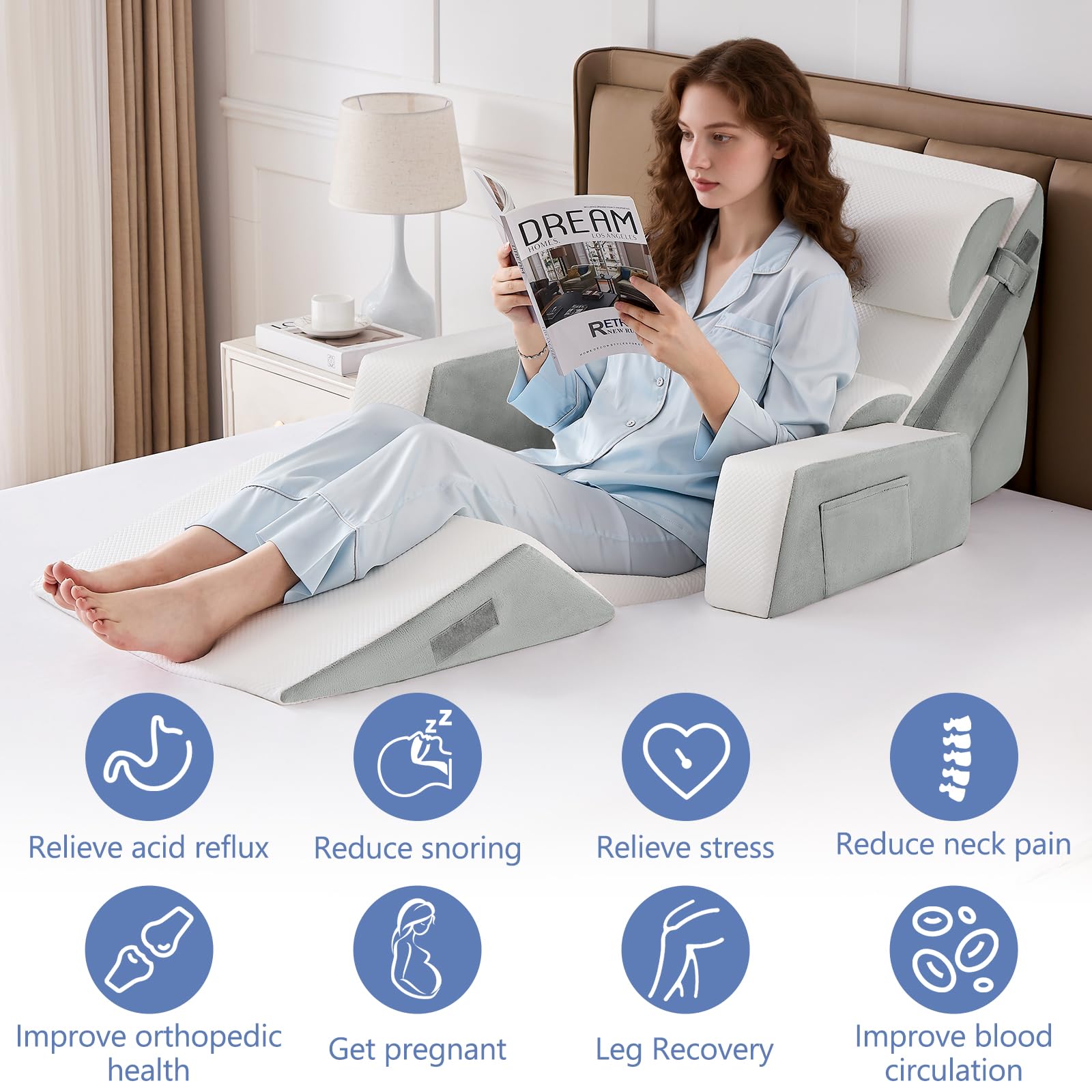 Orthopädische Bett Keil Kissen Set,Post Chirurgie Schaum Kissen für Körper, Rücken und Beine Schmerzlinderung,Justierbare Stützkissen mit Säure Reflux Bed Wedge Memory Foam Hellgrau