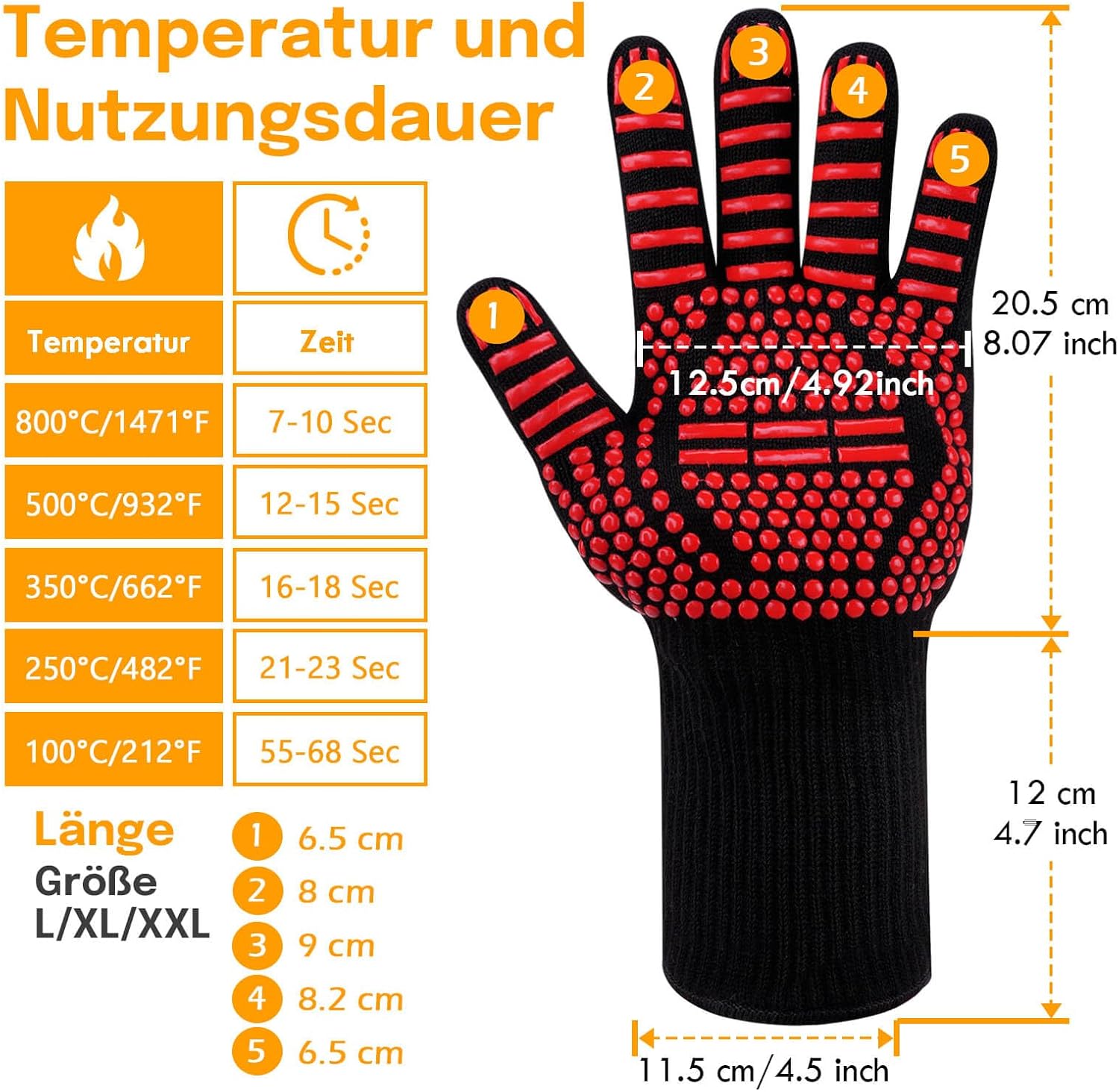Gants de cuisine Reinalin, résistants à la chaleur jusqu'à 800 °C, gants de four, maniques, gants ignifugés, gants de barbecue, gants de cuisine, gants de pâtisserie (L/XL/XXL, noir) 