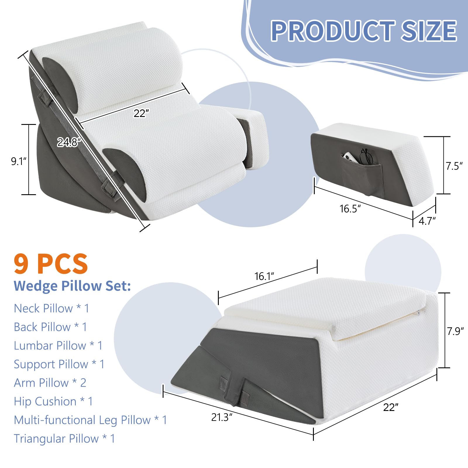 9PCS Orthopädische Bett Keil Kissen Set,Post Chirurgie Schaum Kissen für Körper, Rücken und Beine Schmerzlinderung,Justierbare Stützkissen mit Säure Reflux Bed Wedge Memory Foam Durchgehend dunkelgrau
