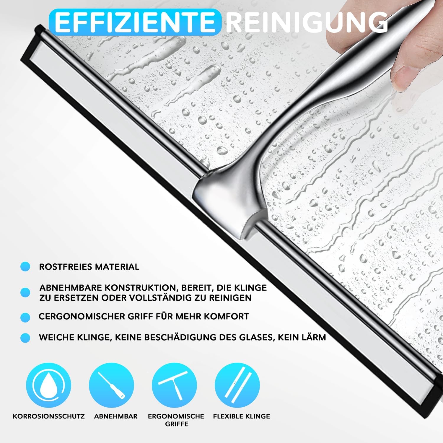 Edelstahl Duschabzieher Mit Selbstklebe Haken, Silber Abzieher Dusche Wischer für Badezimmer, Kurzer Handgriff Glaswischer, Glas Wasserschieber, Duschwand Abzieher, Badwischer