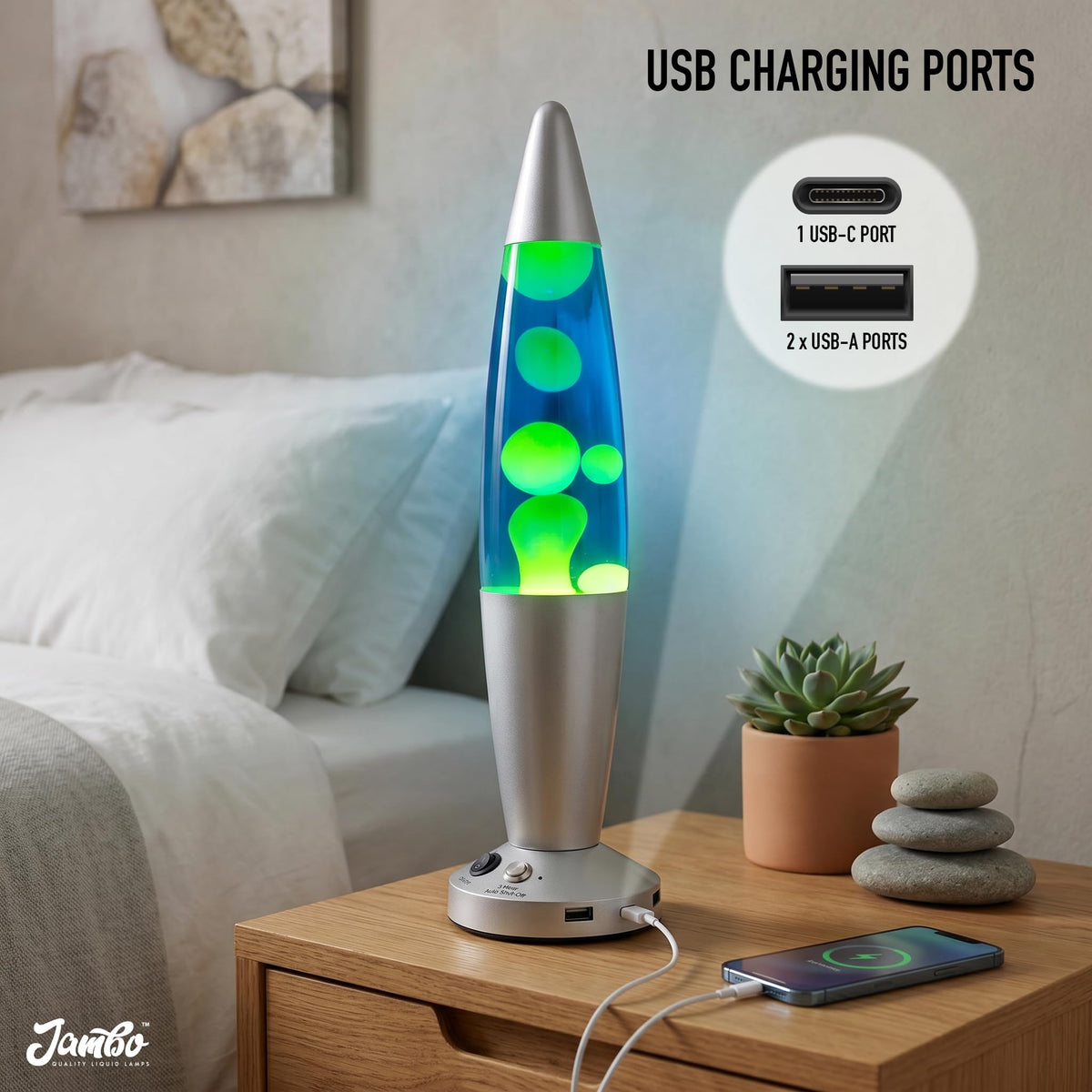 Jambo Liquid-Motion-Lampe mit schwarzem Sockel (Black Base, Purple Liquid, White Wax, 16")