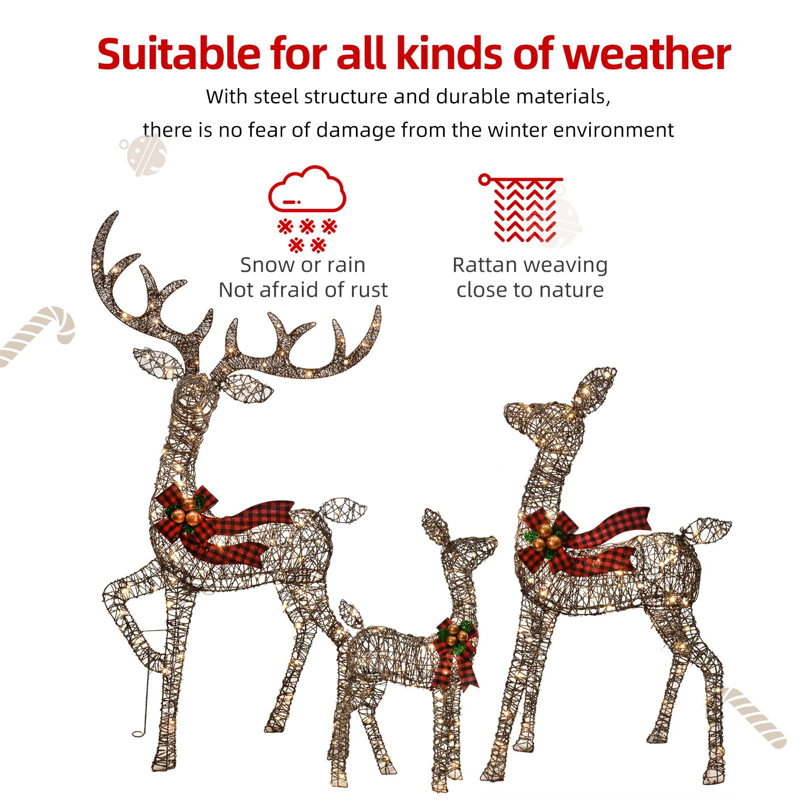 Beleuchtete Weihnachtsdekoration Deer 3 Stücke, Beleuchtete Weihnachtsdekoration Reindeer Familienset für Indoor Outdoor Vorderveranda mit LED, Stecker, Verlängerungskabel, Bodenpfähle, Gold