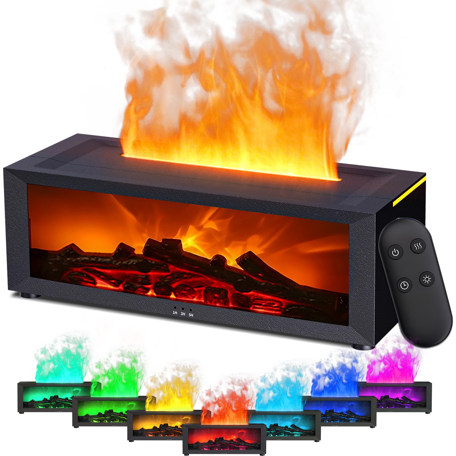 Aroma Diffusor mit LED-Kamin, Duftöl Diffusor für ätherische Öle mit 7-farbigem Lichtflammeneffekt, 150 ml Luftbefeuchter mit Fernbedienung, 4-Timer, Wasserloses Automatisches Ausschalten