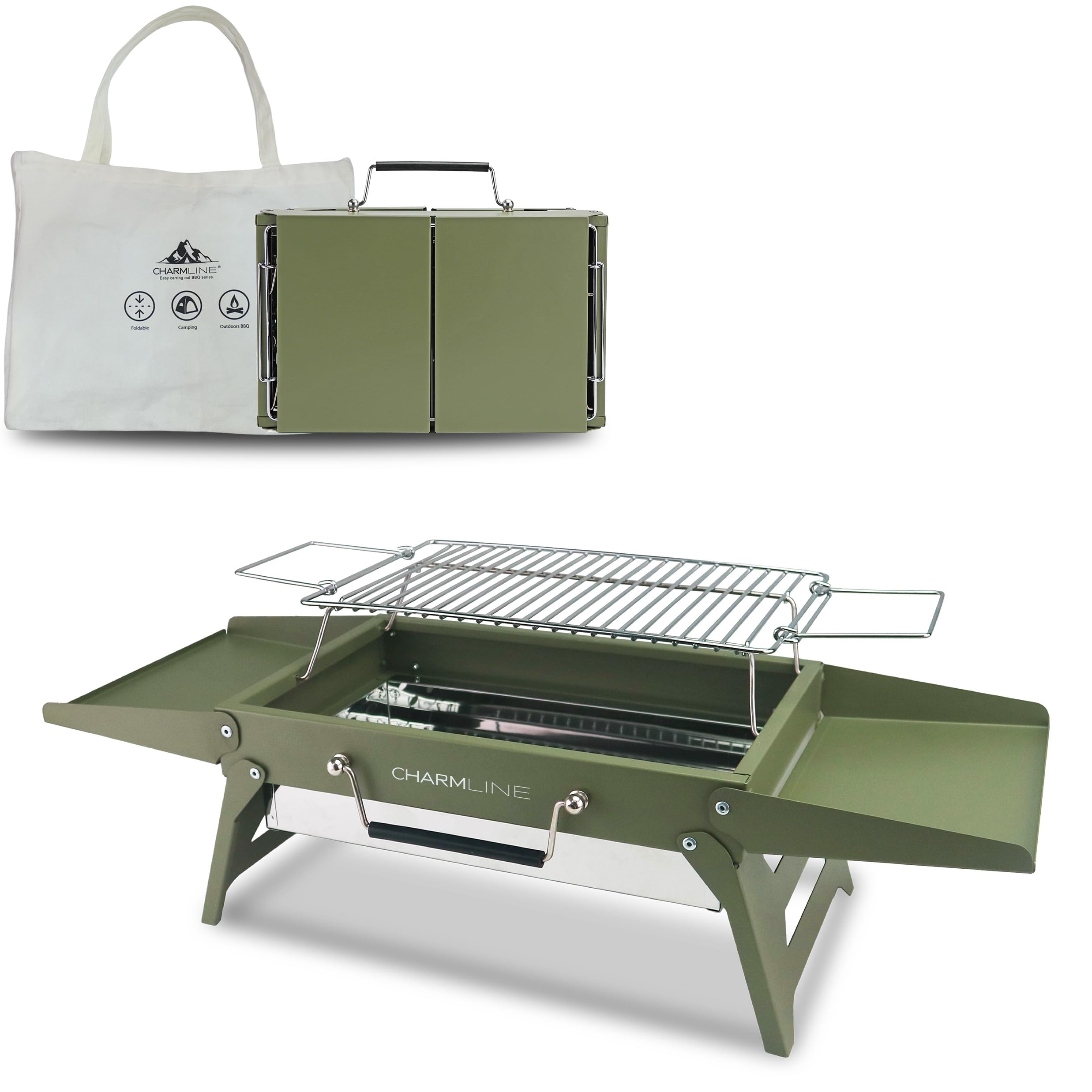 Tragbarer Holzkohlegrill, Klappbarer Campinggrill 35 x 23 cm für 1–3 Personen, Mini BBQ Grill für Balkon, Garten, Camping, Picknick und Strand
