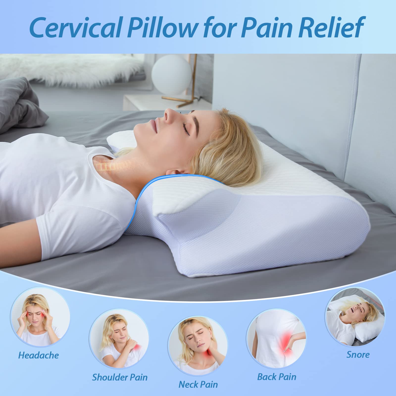 2 in 1 Ergonomisches Nackenkissen Orthopädisches Kopfkissen Memory Foam Kissen für Rücken-, Seiten- und Bauchschläfer, 60x40x12/14cm