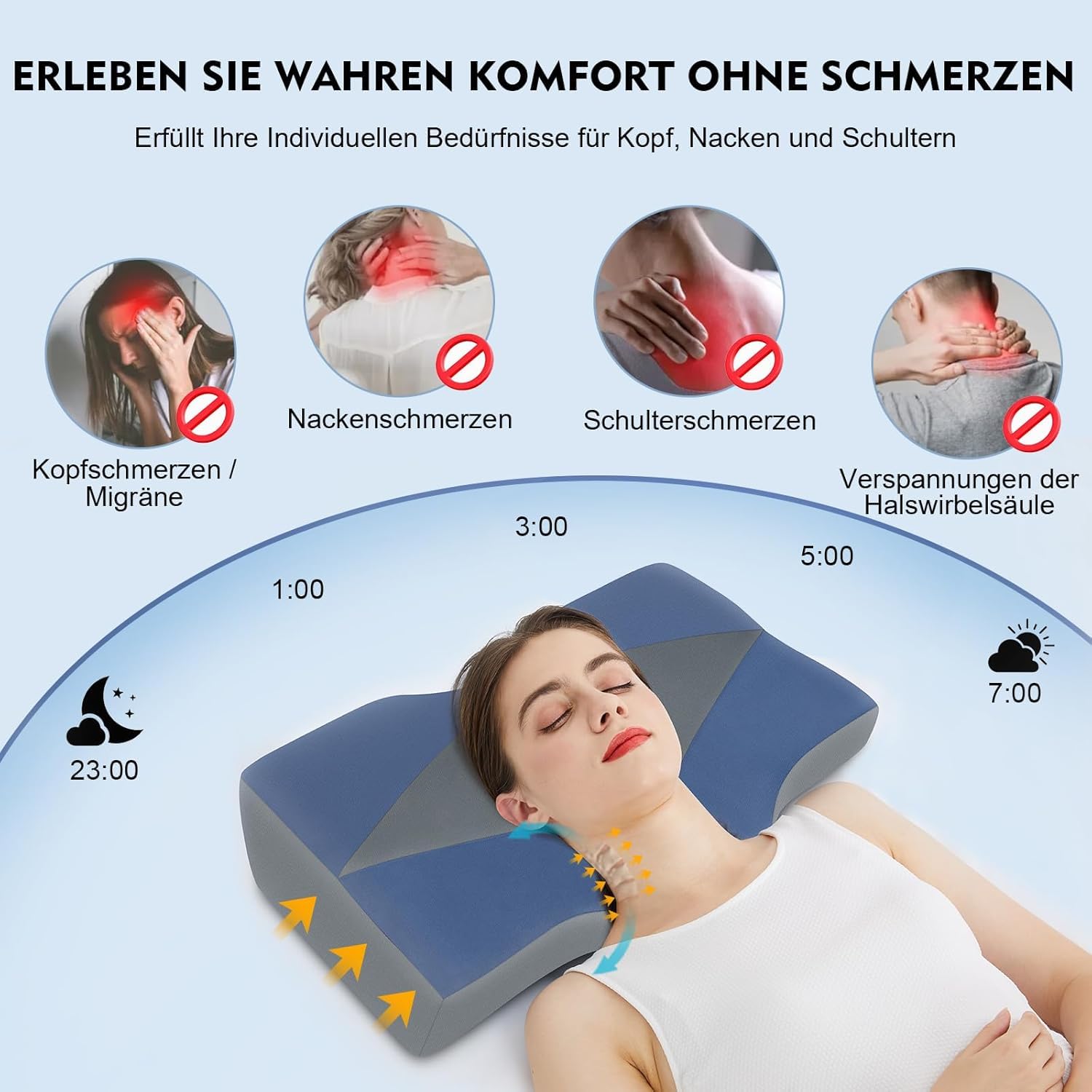 Nackenstützkissen gegen Nackenschmerzen, orthopädisches Kopfkissen, ergonomisches Memory Foam Nackenkissen mit 2 Höhen, Hohlraum & kühlendem Bezug, für Seiten- und Rückenschläfer
