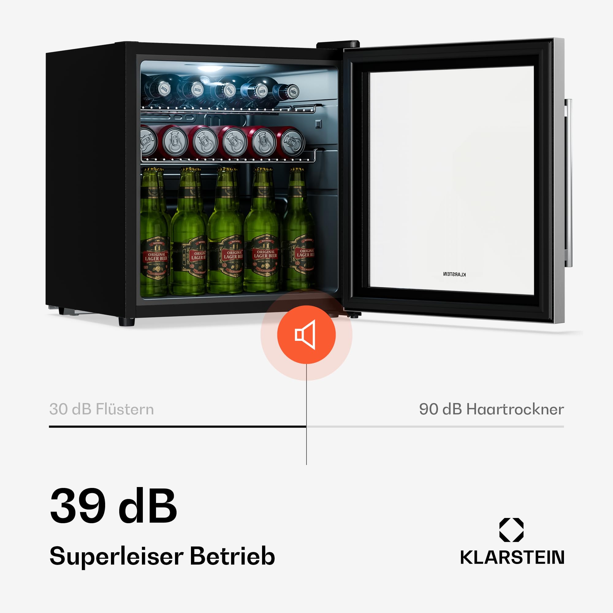 Getränkekühlschrank 33 L – Mini Kühlschrank mit Glastür, Silber-Schwarz | LED-Beleuchtung, herausnehmbare Metallablagen, leise, Flaschenkühlschrank für Getränke & Dosen