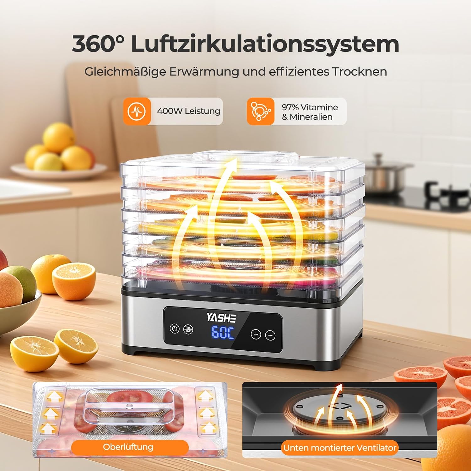 Dörrautomat, 5 Edelstahl-Dörrgitter, Einstellbarer Timer & Temperatur, 360° Luftzirkulation, BPA-frei, 400W Dörrgerät für Jerky, Früchte, Kräuter, Hundesnacks