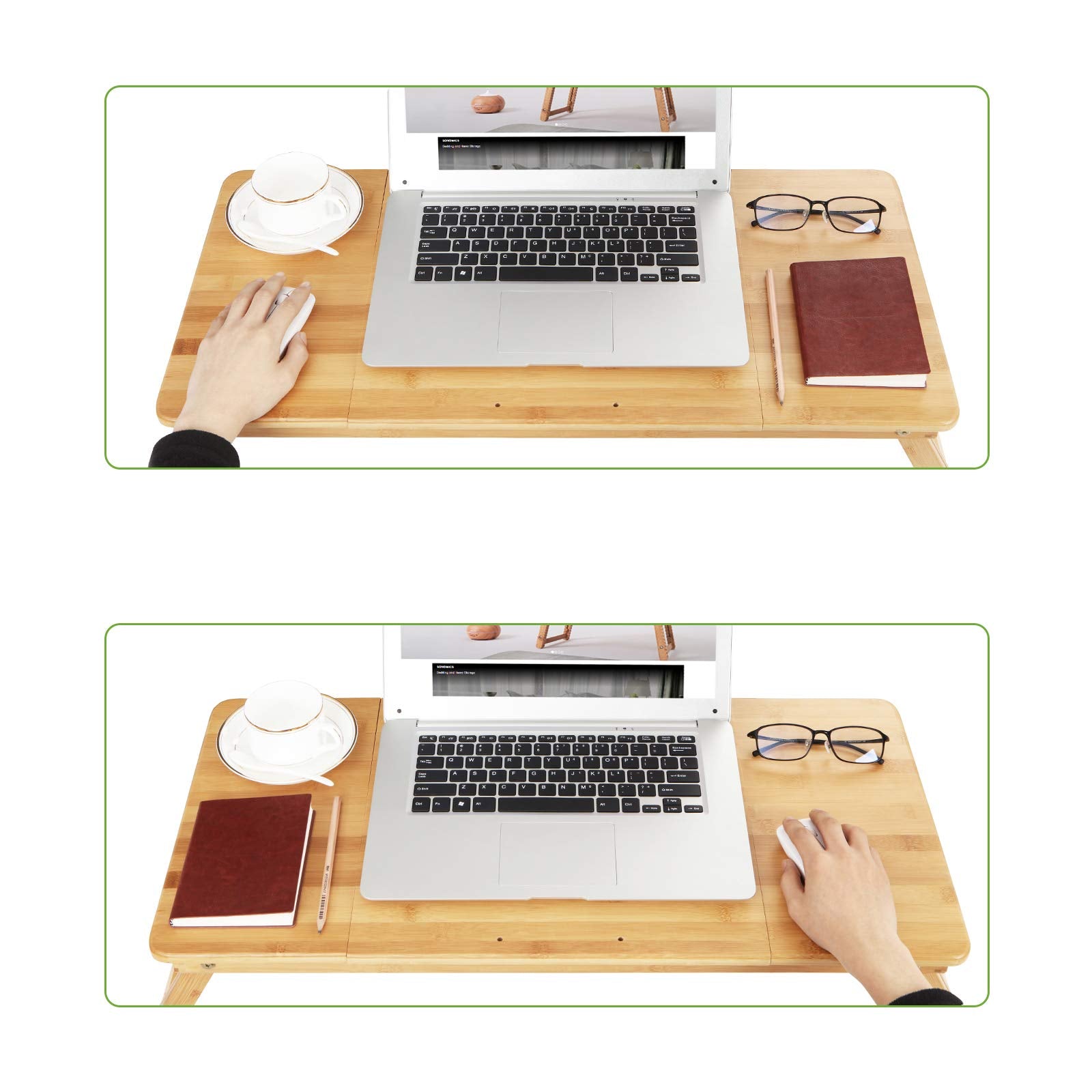 Laptoptisch für Bett, Laptopständer, Winkel- und höhenverstellbar, klappbare Beine, für Laptops bis 15,6 Zoll, Arbeiten, Lesen, Bambusbeine, Schublade, 55,5 x 34,9 cm, vintagebraun LLD105B01