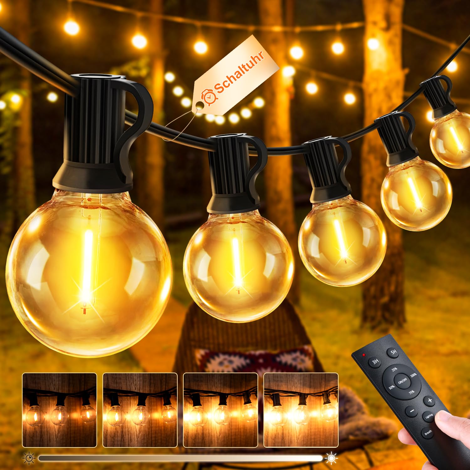 Lichterkette Außen Outdoor LED Strom - Aussen Beleuchtung Garten Balkon - Lichterketten Glühbirnen Pavillon Terrasse Party Draußen String Lights - Wetterfest Dimmbar Fernbedienung Partybeleuchtung