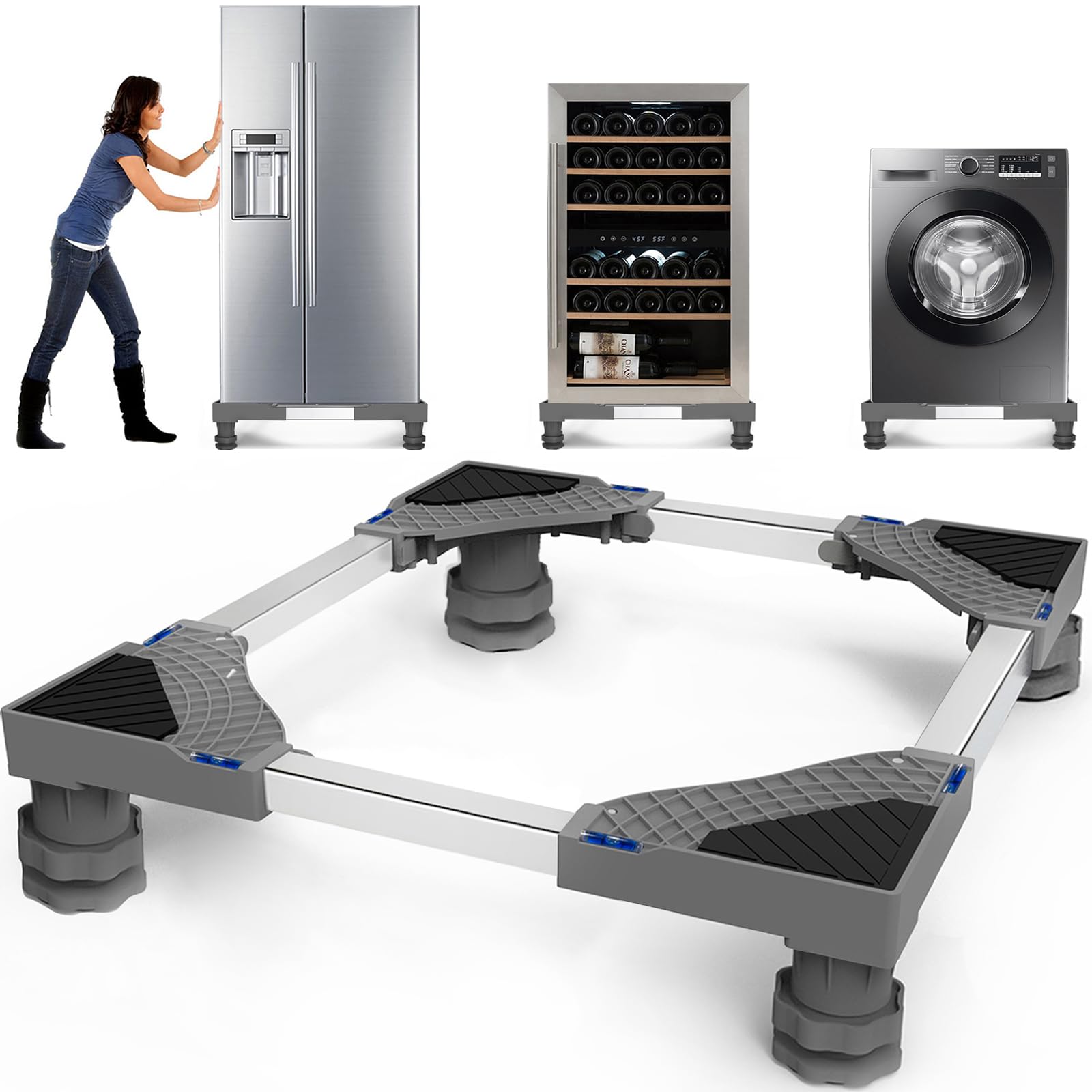 Waschmaschinen Untergestell mit 4 Füßen für Waschwaschine,Kühlschrank und Trockner,Verstellbare Waschmaschinensockel mit Rutschfester Stoßdämpfungsfunktion,(Einstellbare:42-65cm) | Verstellbare Breite 42-65cm Waschmaschinensockel mit Rutschfester St