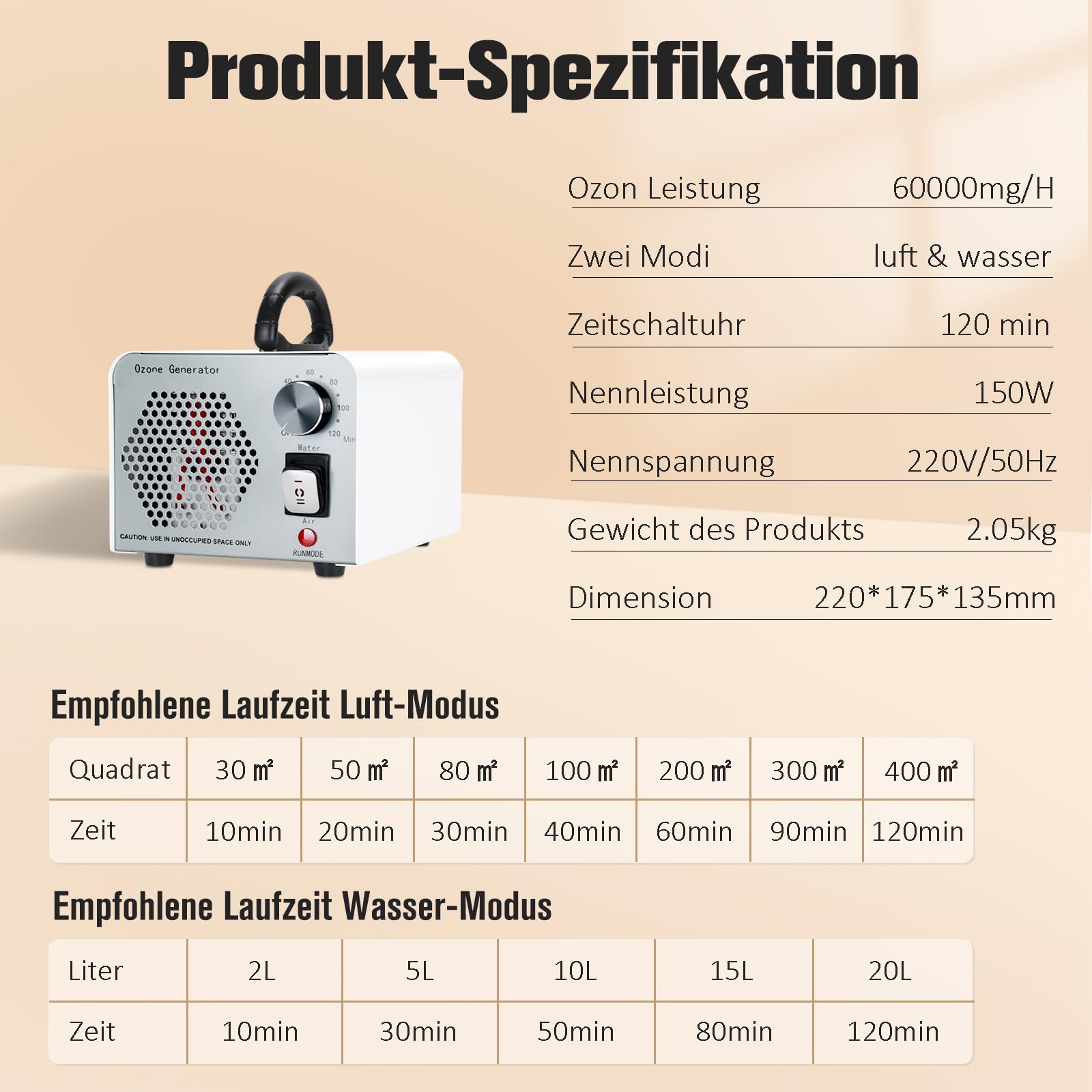 2 In 1 Ozongenerator 60000mg/H, Ozongerät Ozon Luftreiniger mit Wasser und Luft Modus, O3 Geruchsneutralisierer Ozone Generator mit 120 Min Timer, Ozonator für Auto Wohnung Obst Gemüse