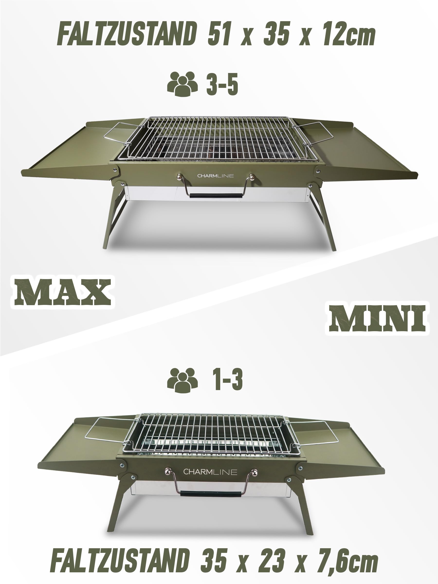 Tragbarer Holzkohlegrill, Klappbarer Campinggrill 35 x 23 cm für 1–3 Personen, Mini BBQ Grill für Balkon, Garten, Camping, Picknick und Strand
