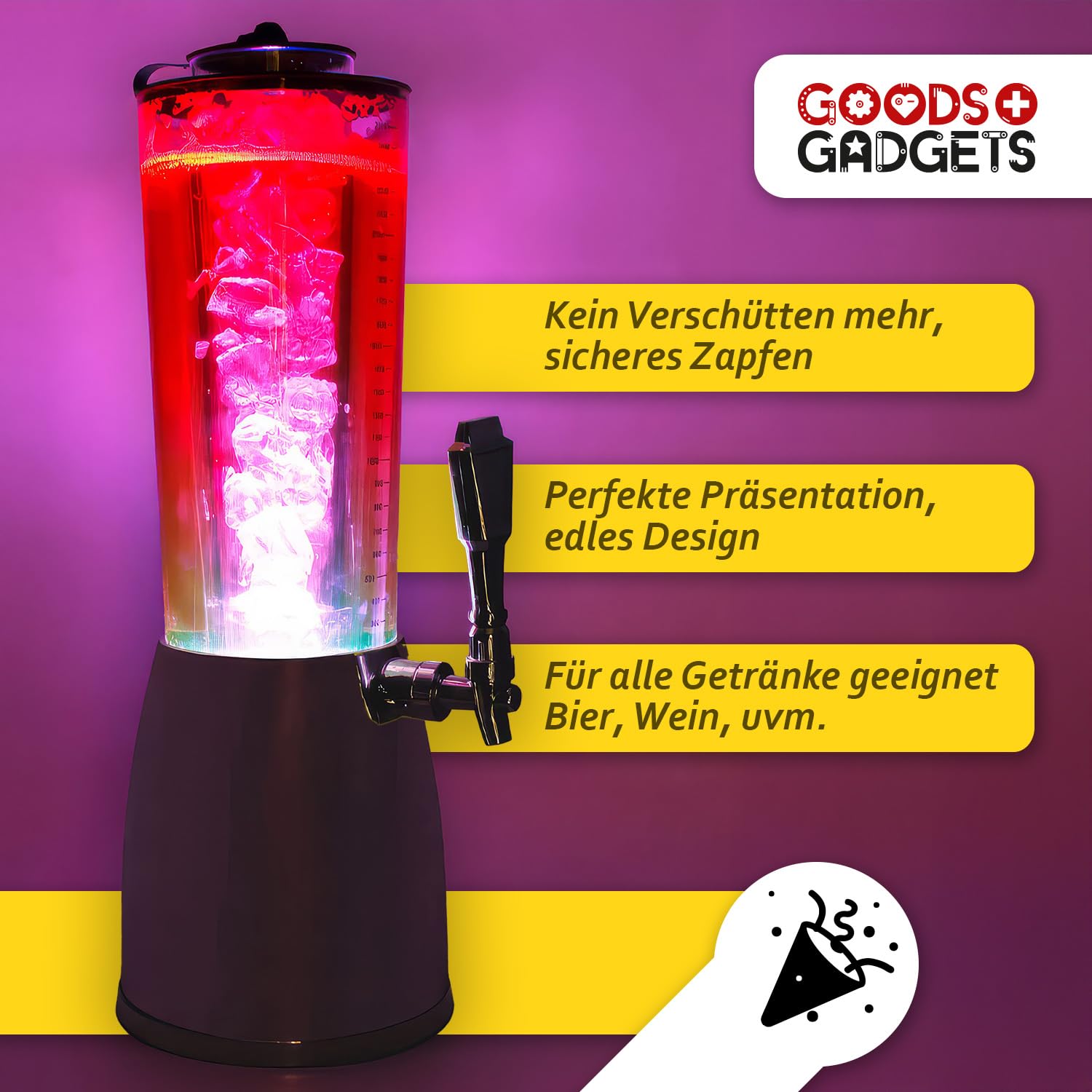 4,0L Biersäule Zapfsäule Kult Biertower Trinksäule Getränkespender Getränkesäule mit 1,3L Eiskühlung (Schwarz)