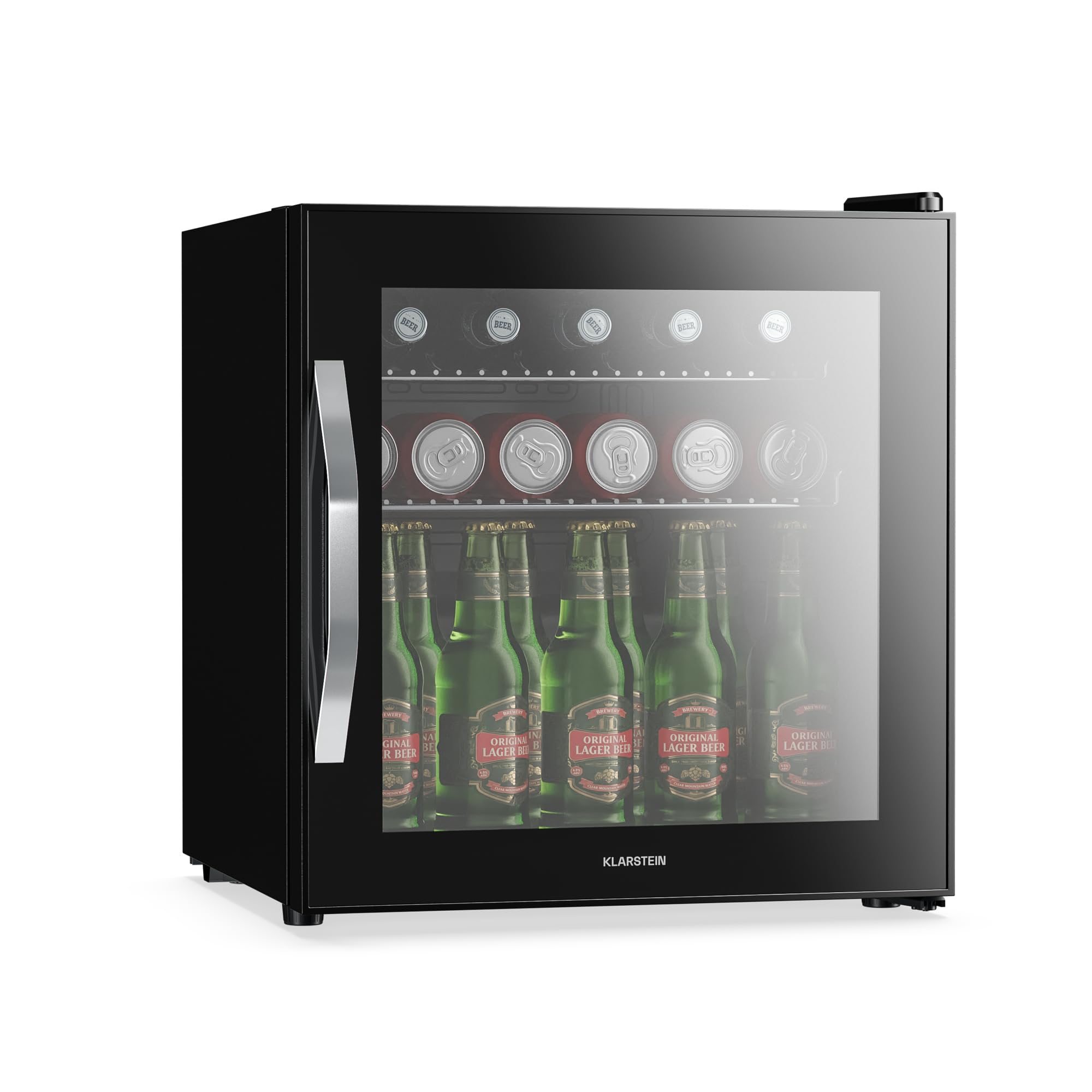 Getränkekühlschrank 33 L – Mini Kühlschrank mit Glastür, Silber-Schwarz | LED-Beleuchtung, herausnehmbare Metallablagen, leise, Flaschenkühlschrank für Getränke & Dosen