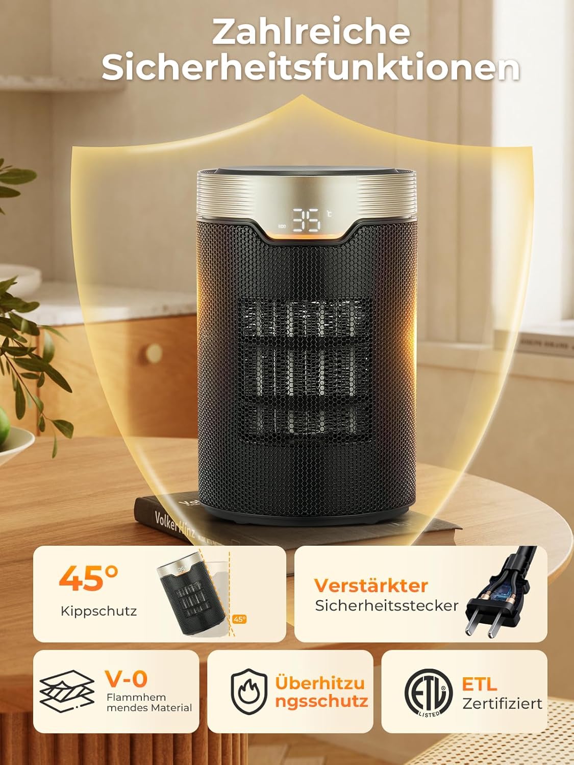 Heizlüfter Energiesparend, 24 Std Timer 32 dB Leiser 1500W PTC Keramik Elektrischer Heizlüfter mit Thermostat, Überhitzungs- & Kippschutz, Elektroheizung für Räume Schlafzimmer, ECO-Modus, Glod